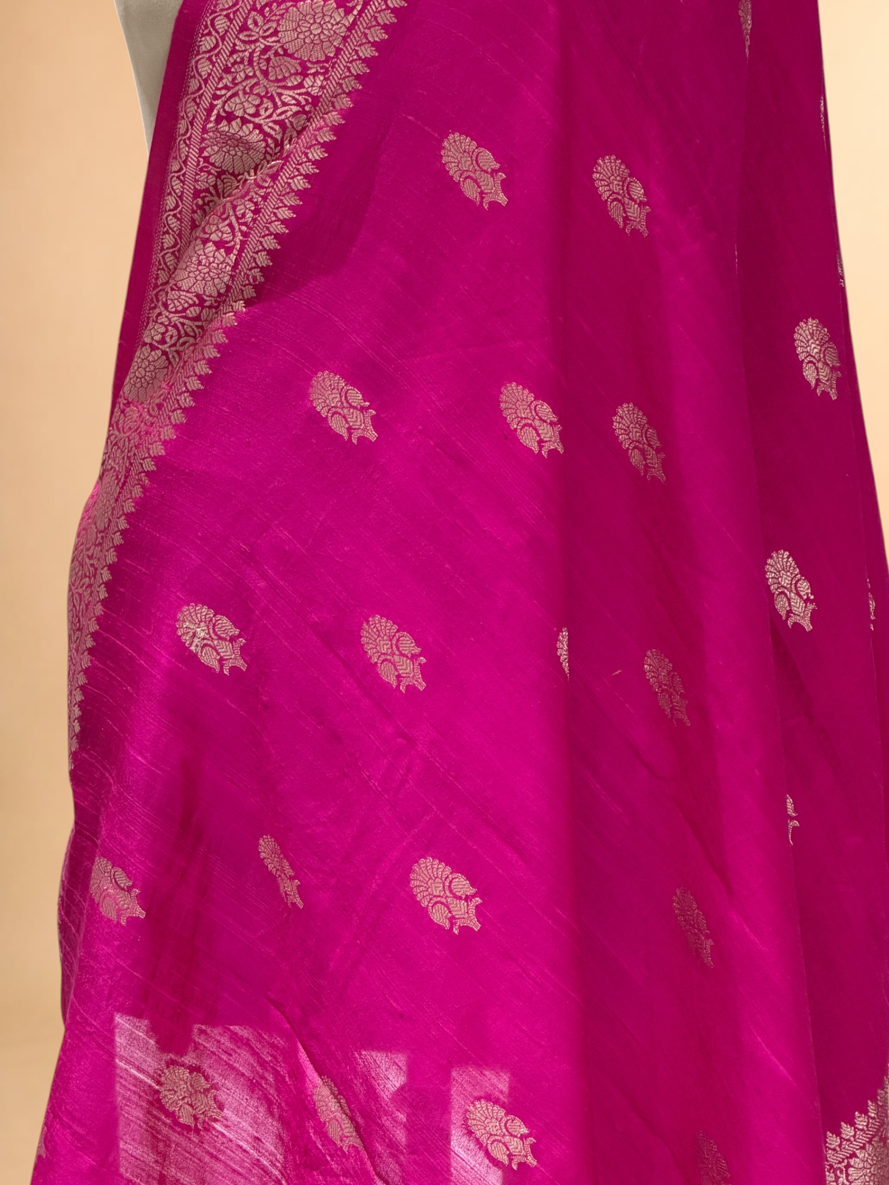 Hot Pink Banarasi Raw Silk Dupatta with Gold Zari Floral Bootis
