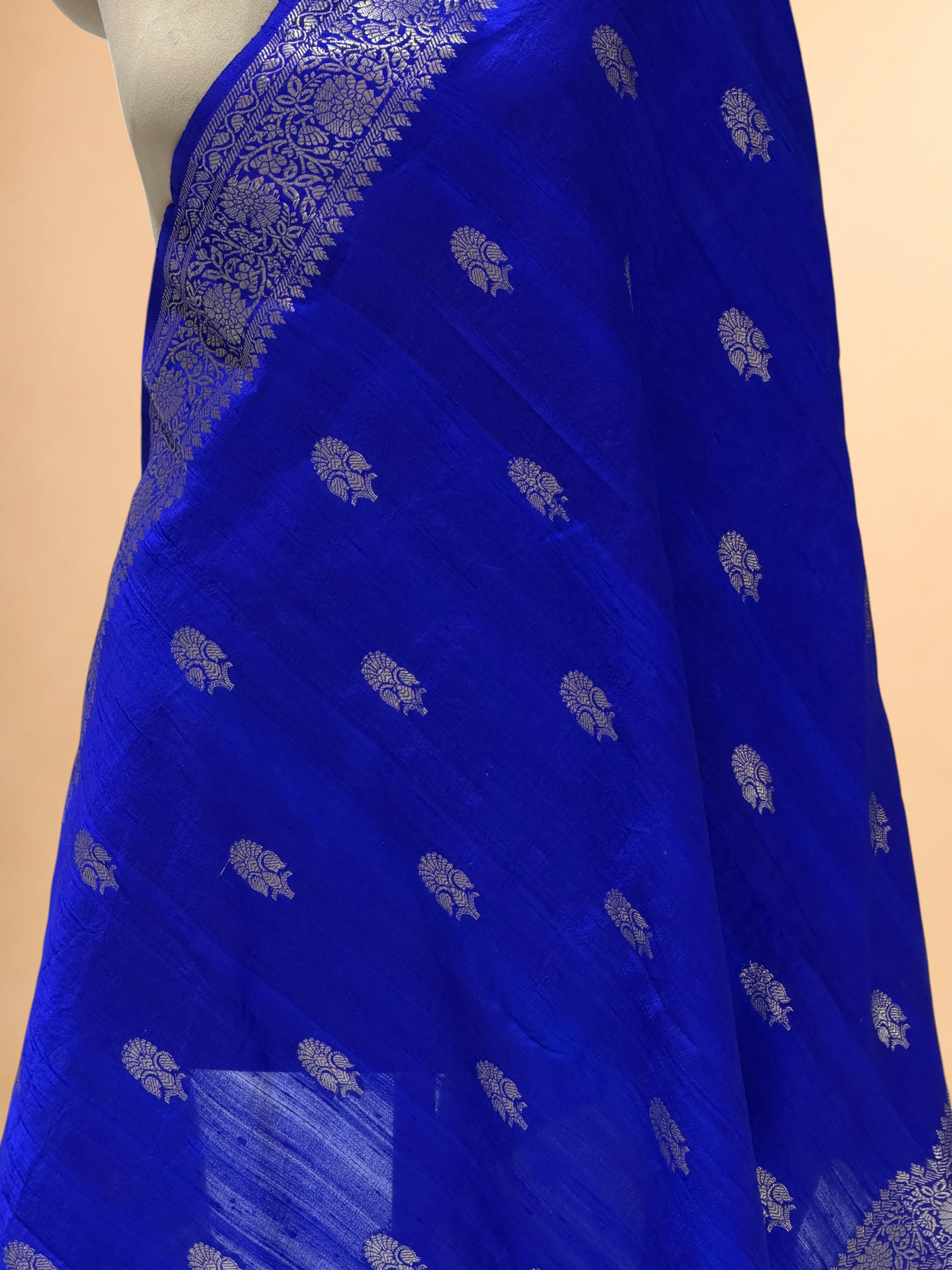 Royal Blue Banarasi Raw Silk Dupatta with Gold Zari Floral Bootis