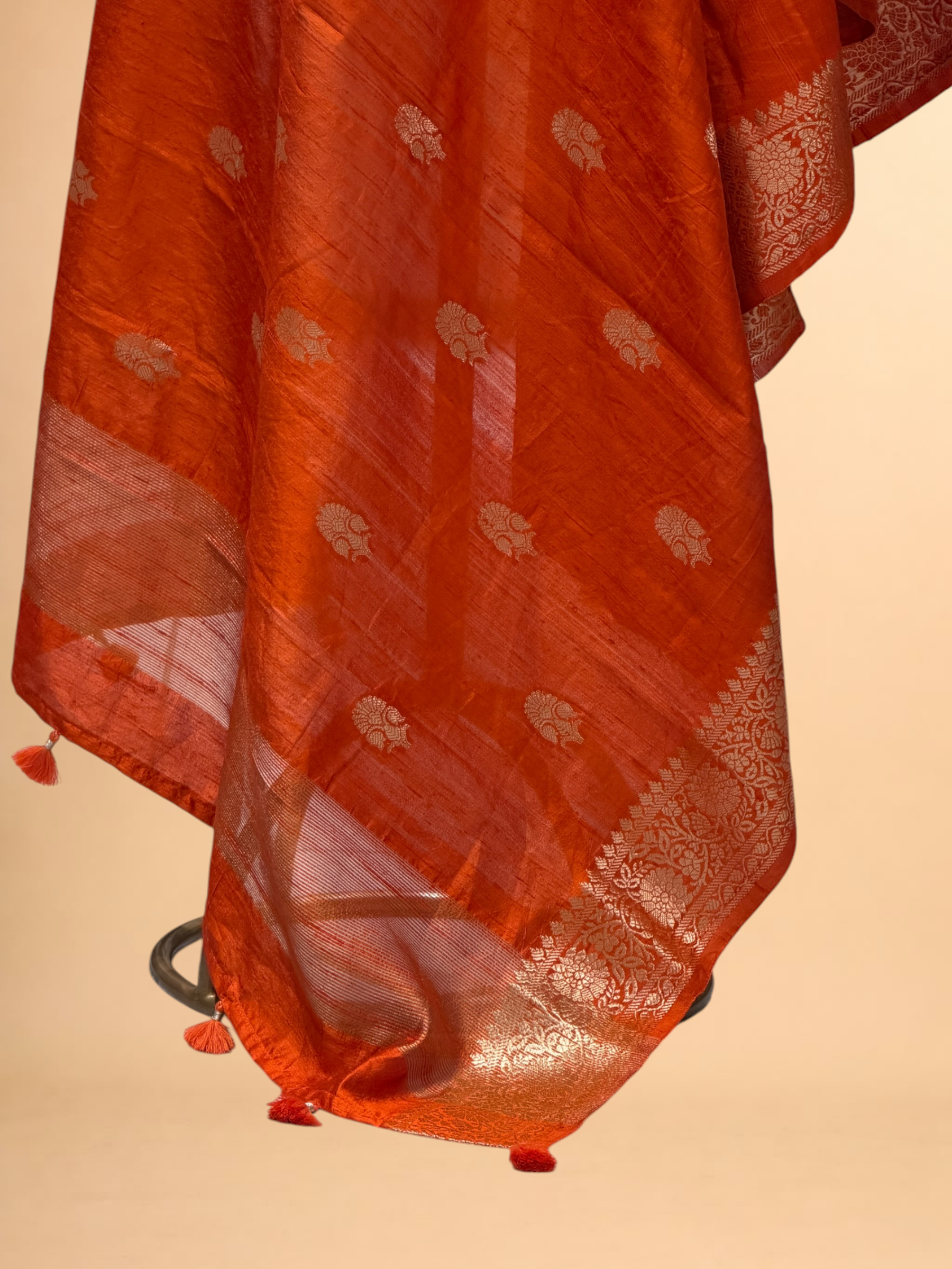 Orange Banarasi Raw Silk Dupatta with Gold Zari Floral Bootis