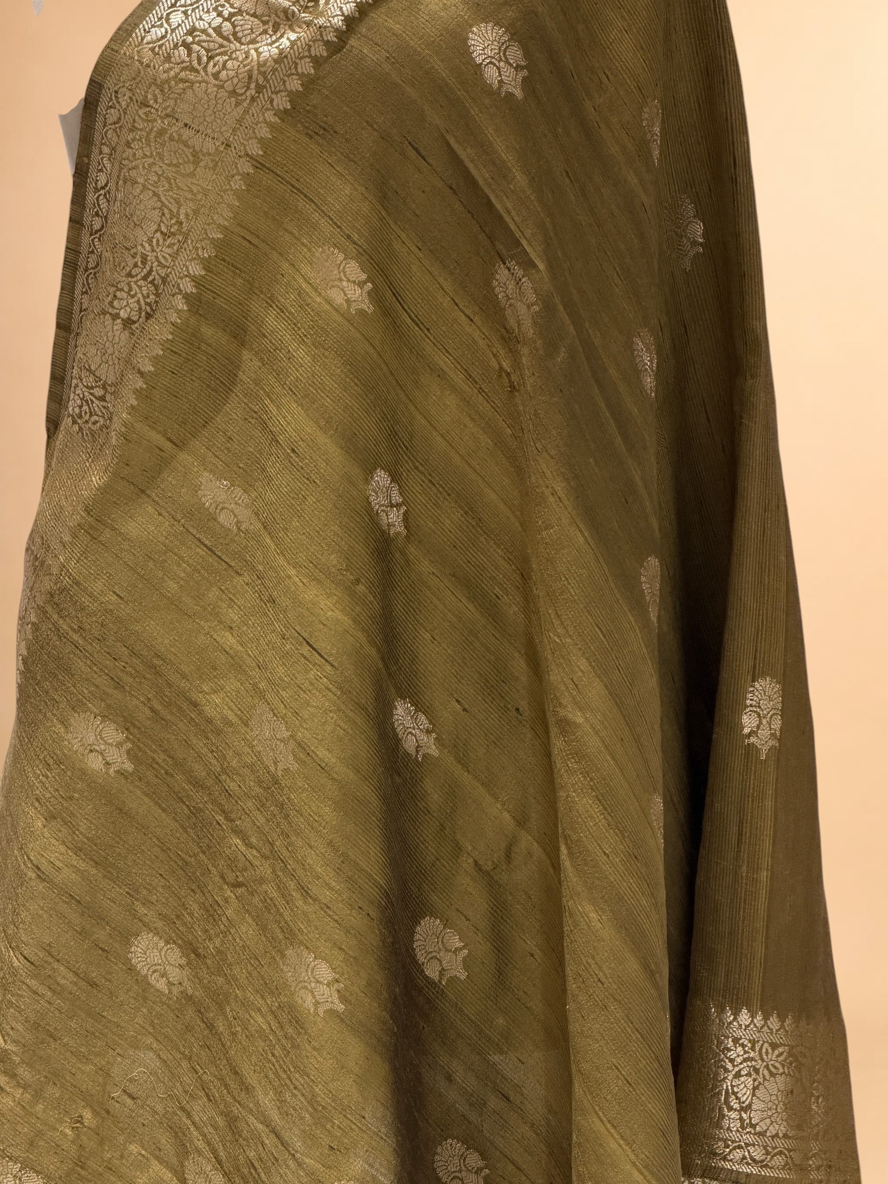 Olive Green Banarasi Raw Silk Dupatta with Gold Zari Floral Bootis