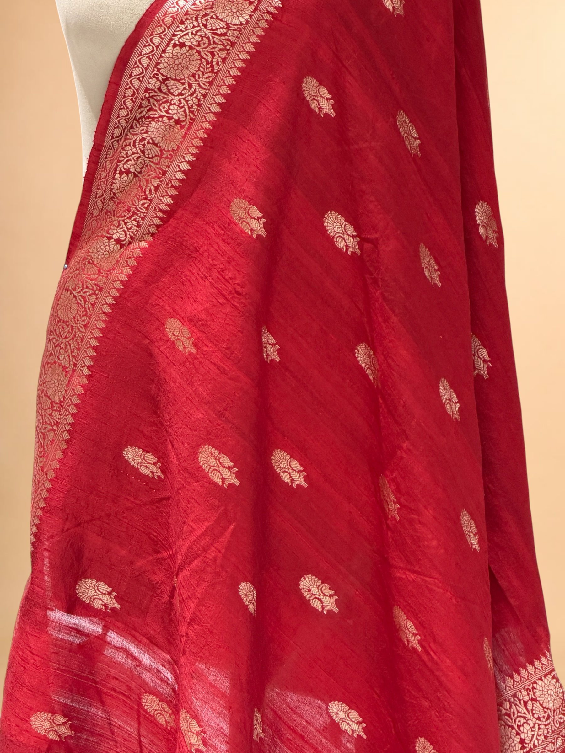 Crimson Red Banarasi Raw Silk Dupatta with Gold Zari Floral Bootis