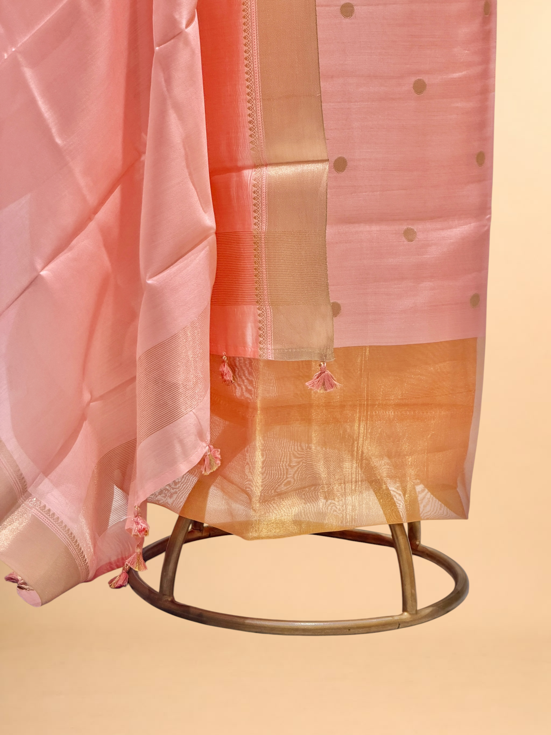 Peach Pink Soft Silk Suit Set With Zari Border Dupatta
