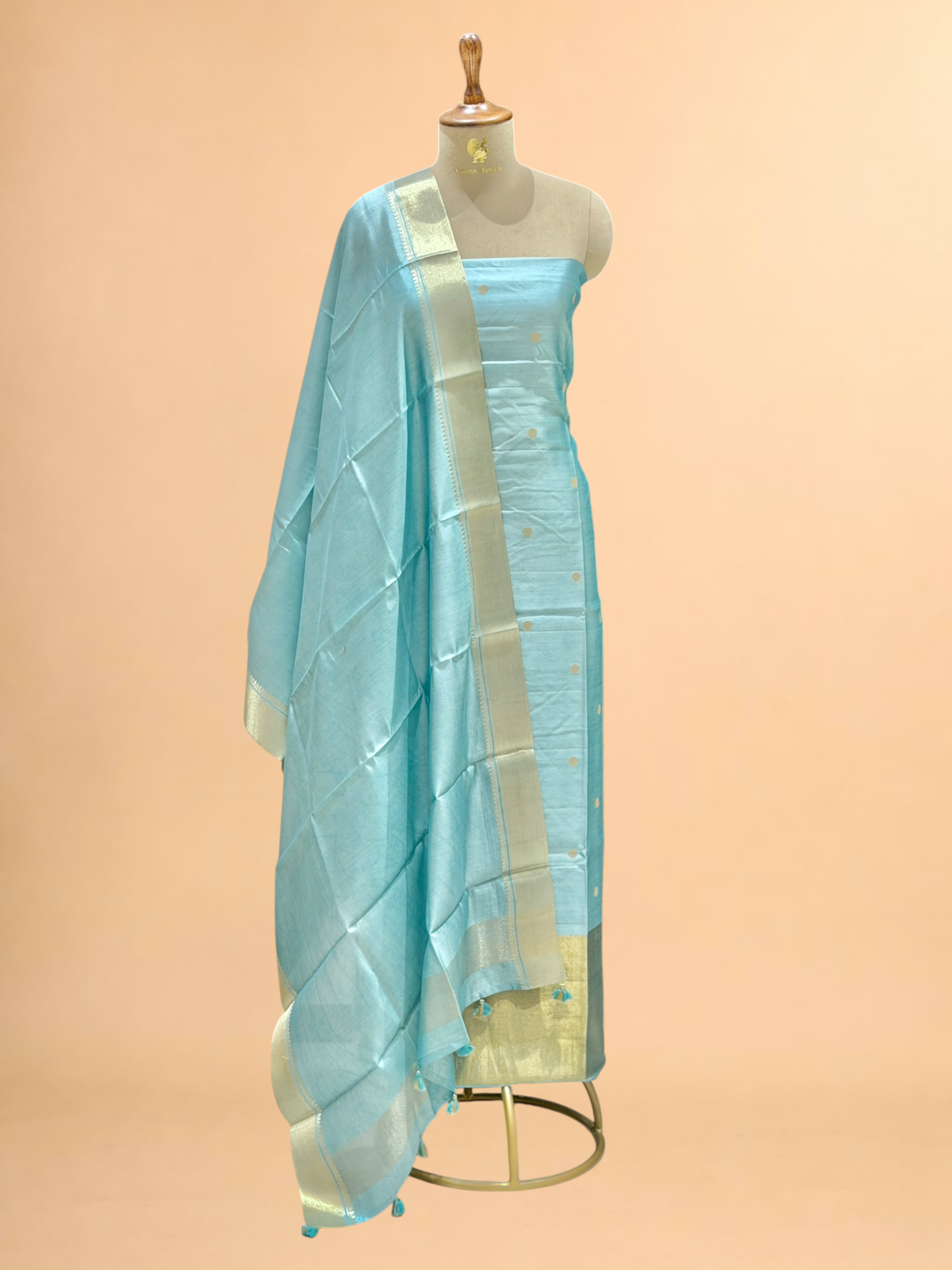 Powder Blue Soft Silk Suit Set With Zari Border Dupatta