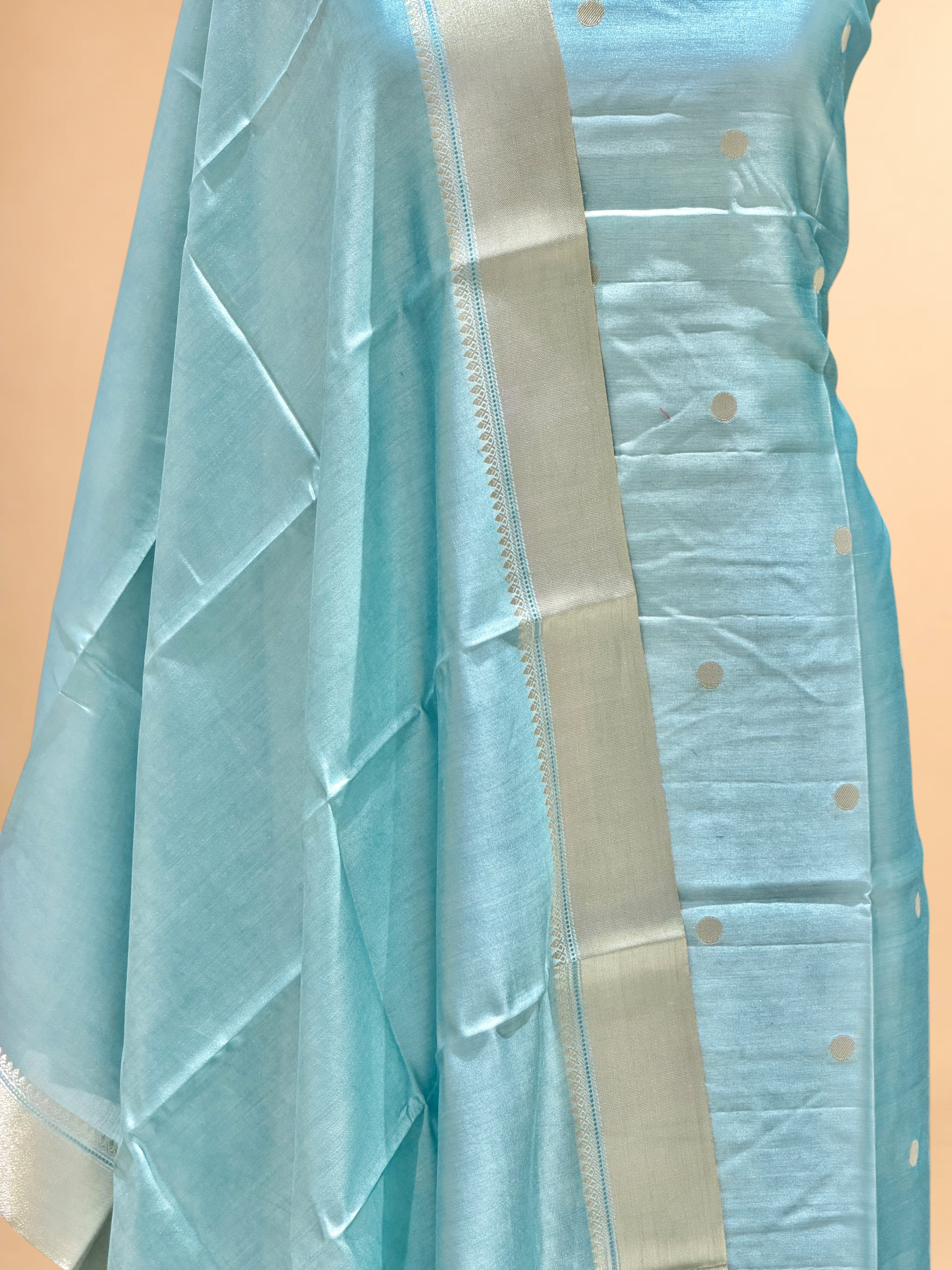 Powder Blue Soft Silk Suit Set With Zari Border Dupatta