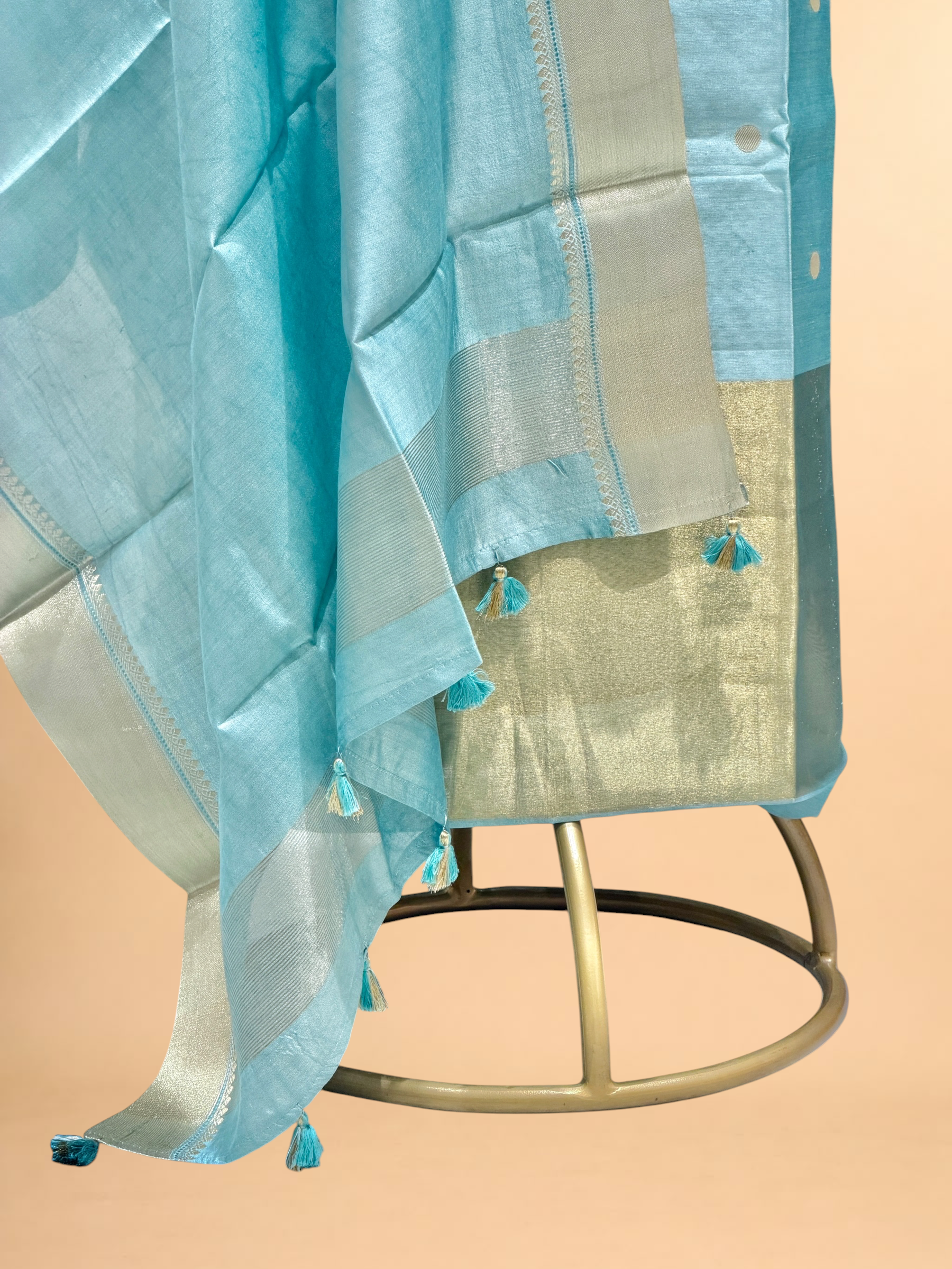 Powder Blue Soft Silk Suit Set With Zari Border Dupatta