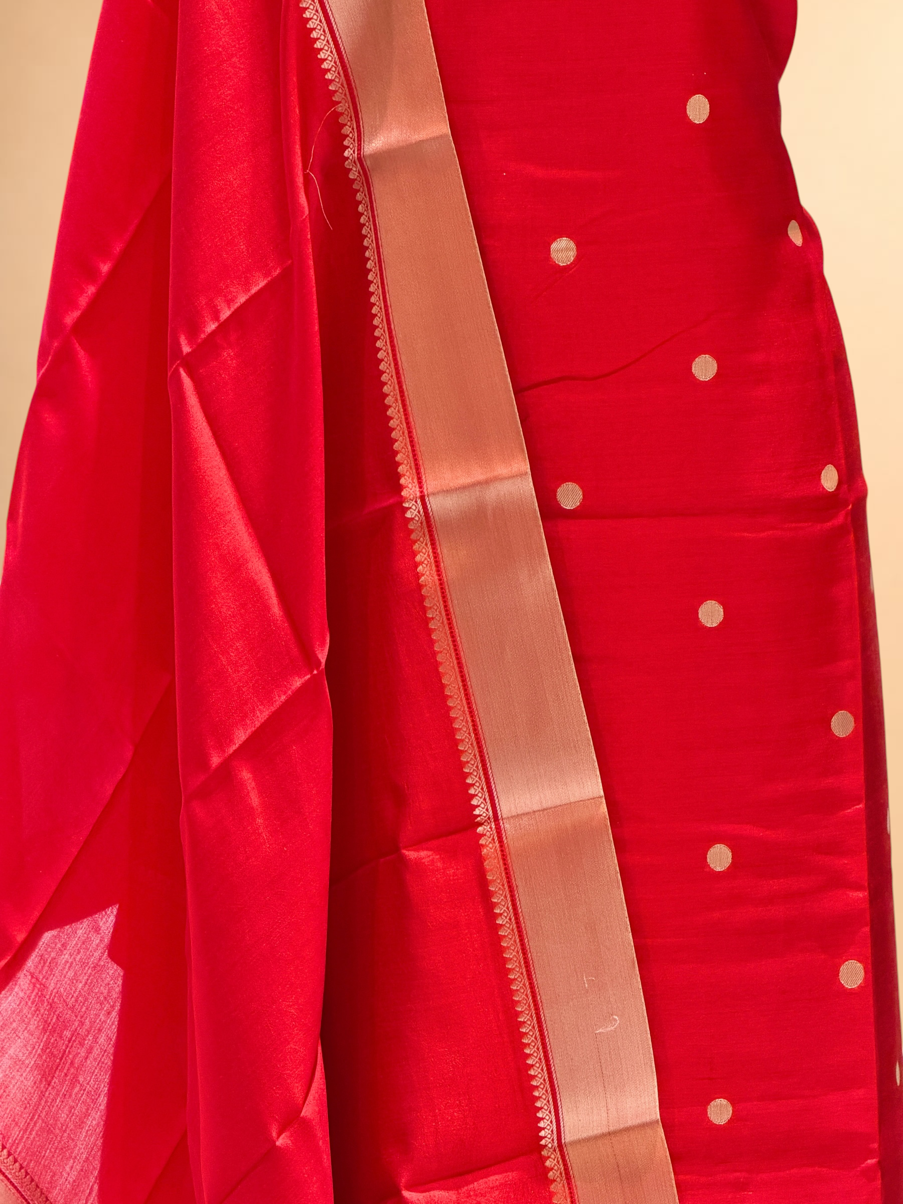Red Soft Silk Suit Set With Zari Border Dupatta