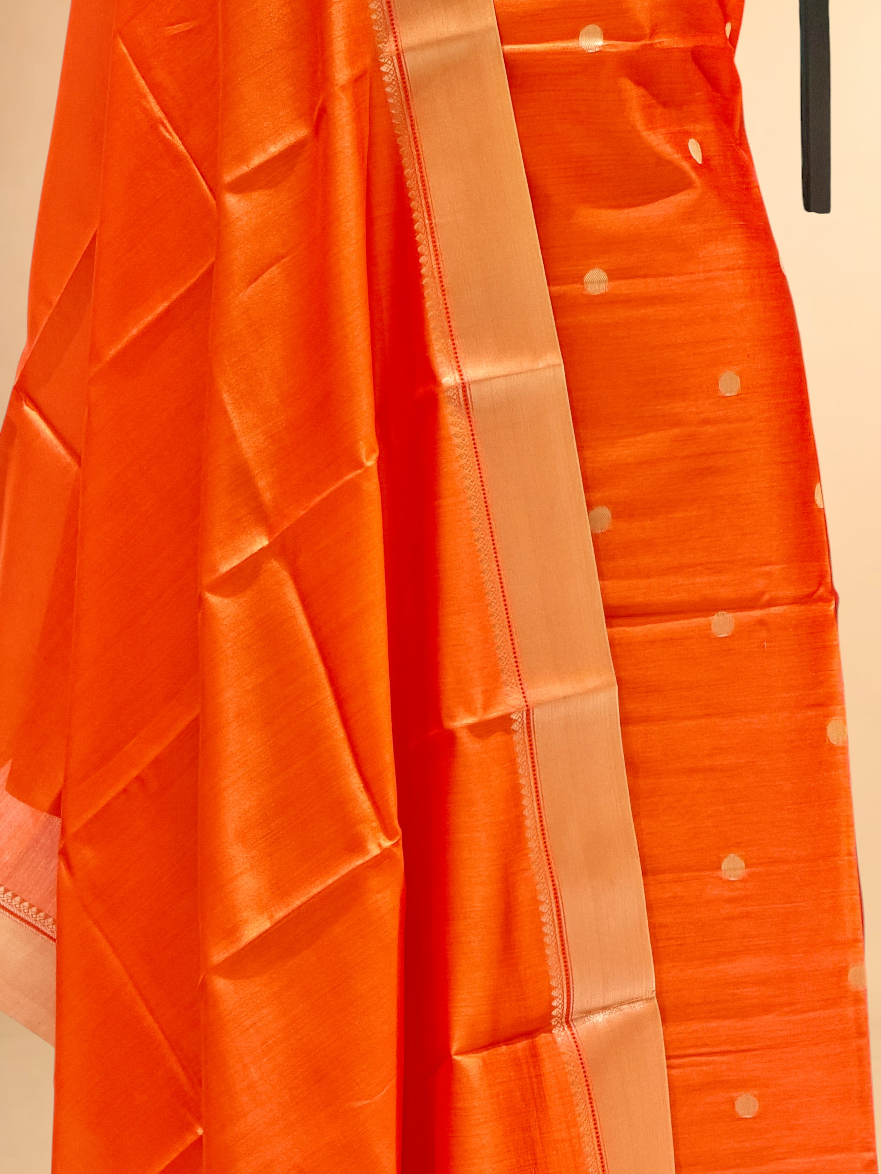 Orange Soft Silk Suit Set With Zari Border Dupatta