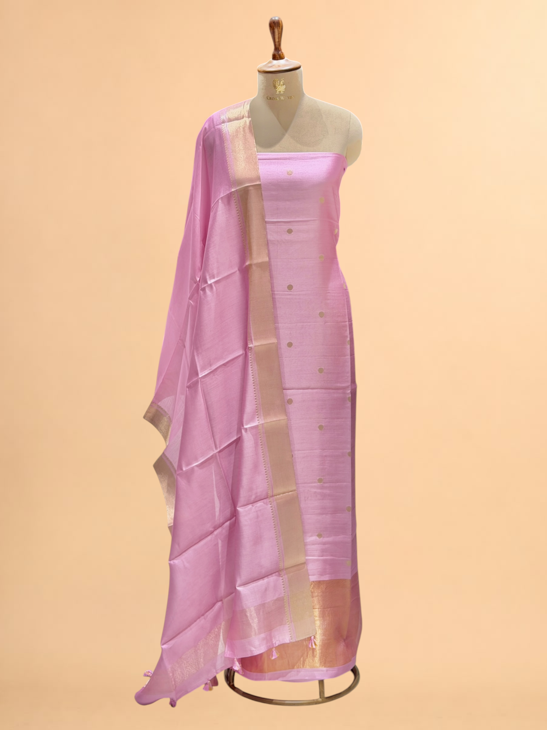Pastel Pink Soft Silk Suit Set With Zari Border Dupatta