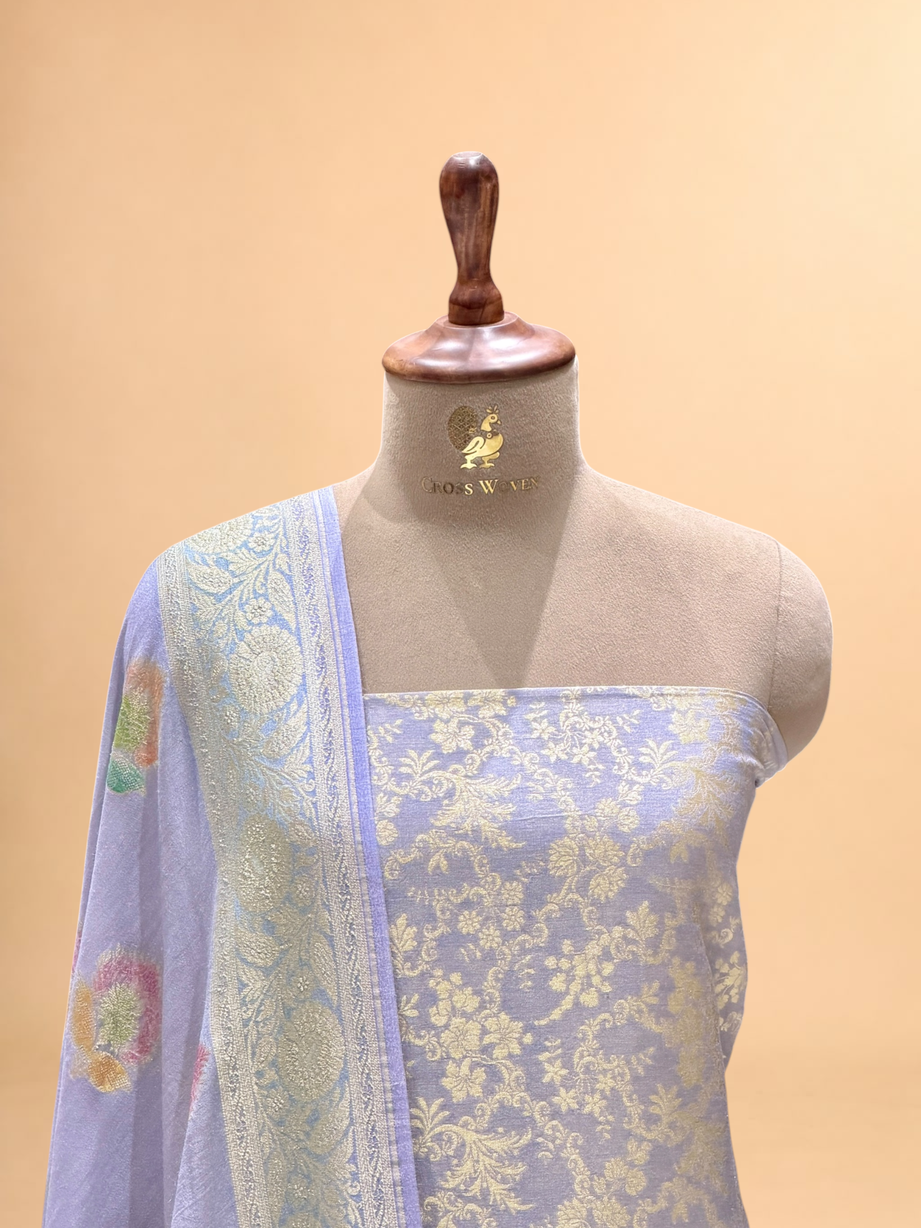 Lavender Munga Silk Suit Set With Handbrush Dupatta