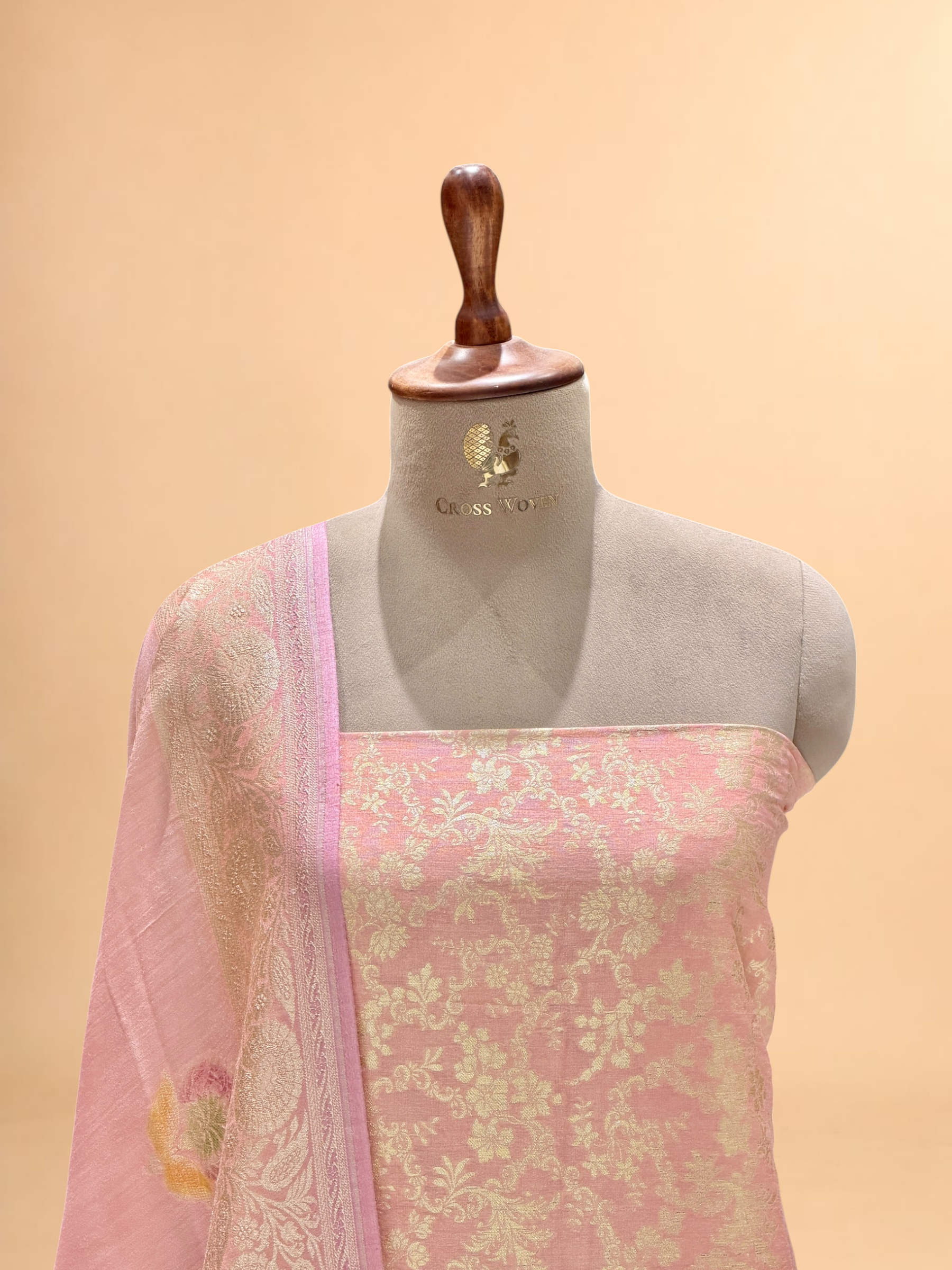 Peach Pink Munga Silk Suit Set With Handbrush Dupatta