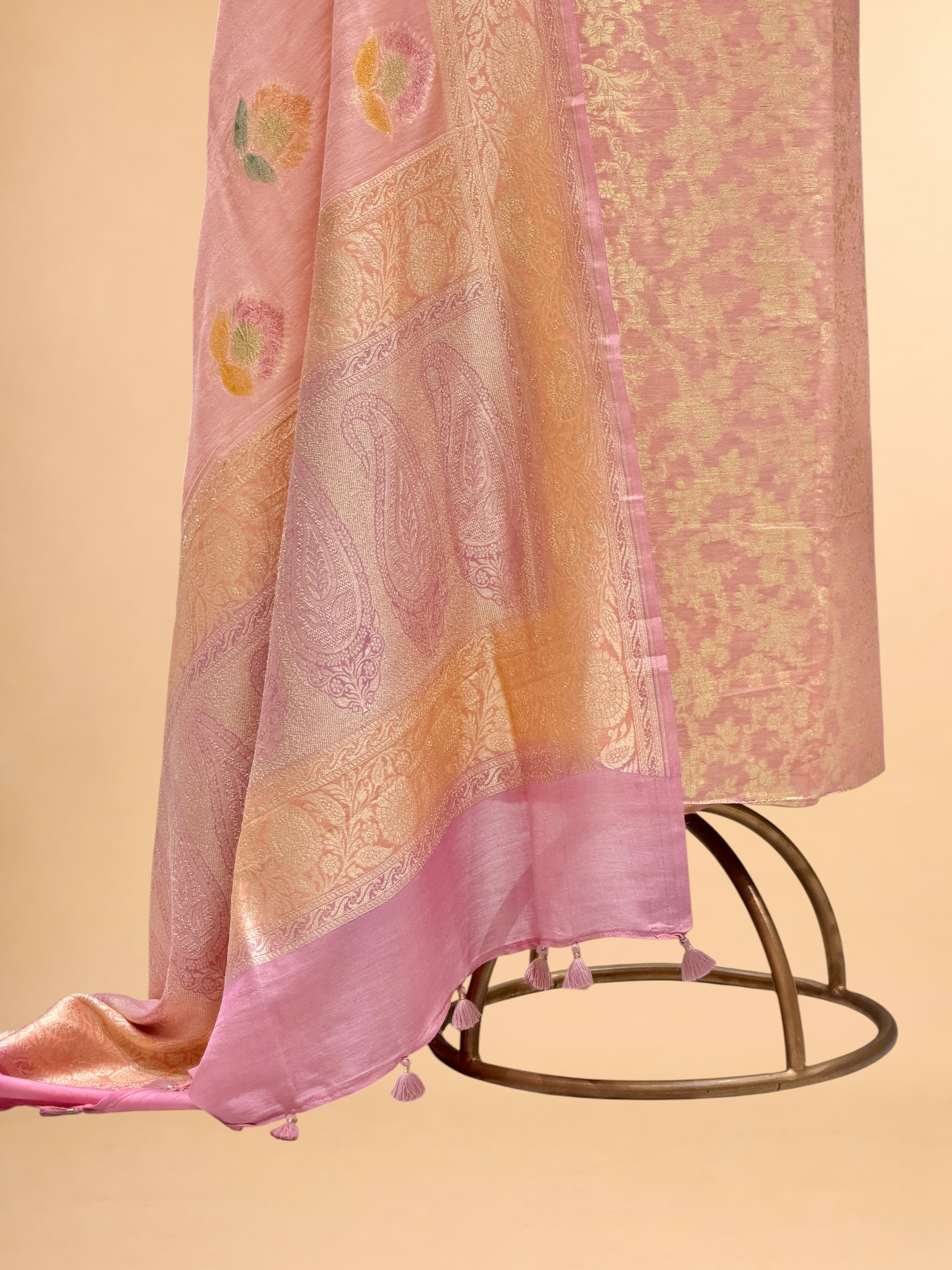 Peach Pink Munga Silk Suit Set With Handbrush Dupatta