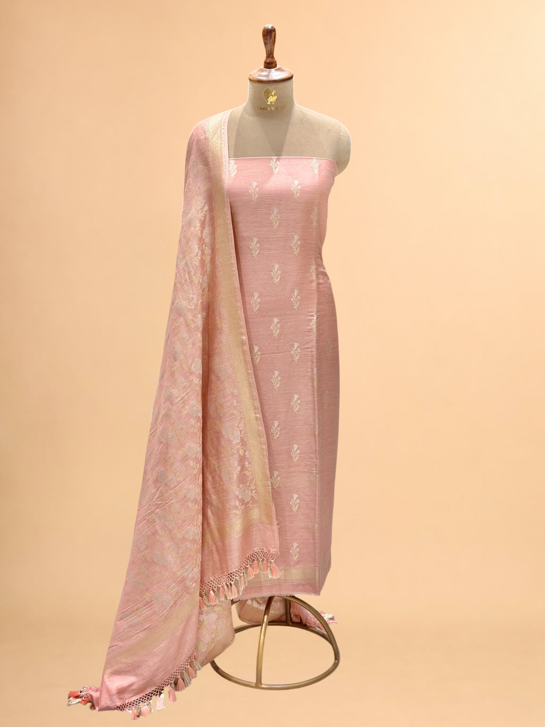 Peach Pink Munga Silk Suit Set With Sona-Rupa Dupatta