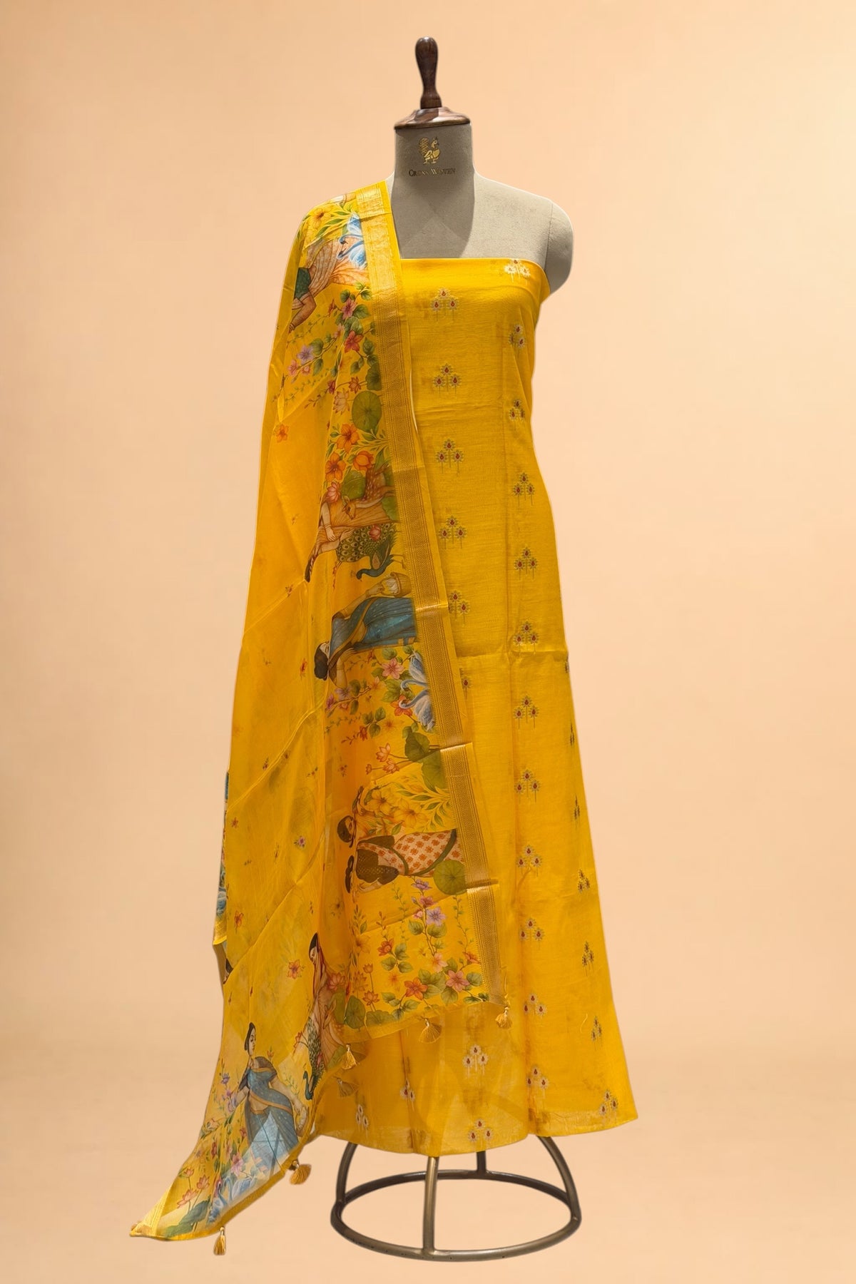 Mustard Yellow Chanderi Silk Suit Set With Printed Dupatta