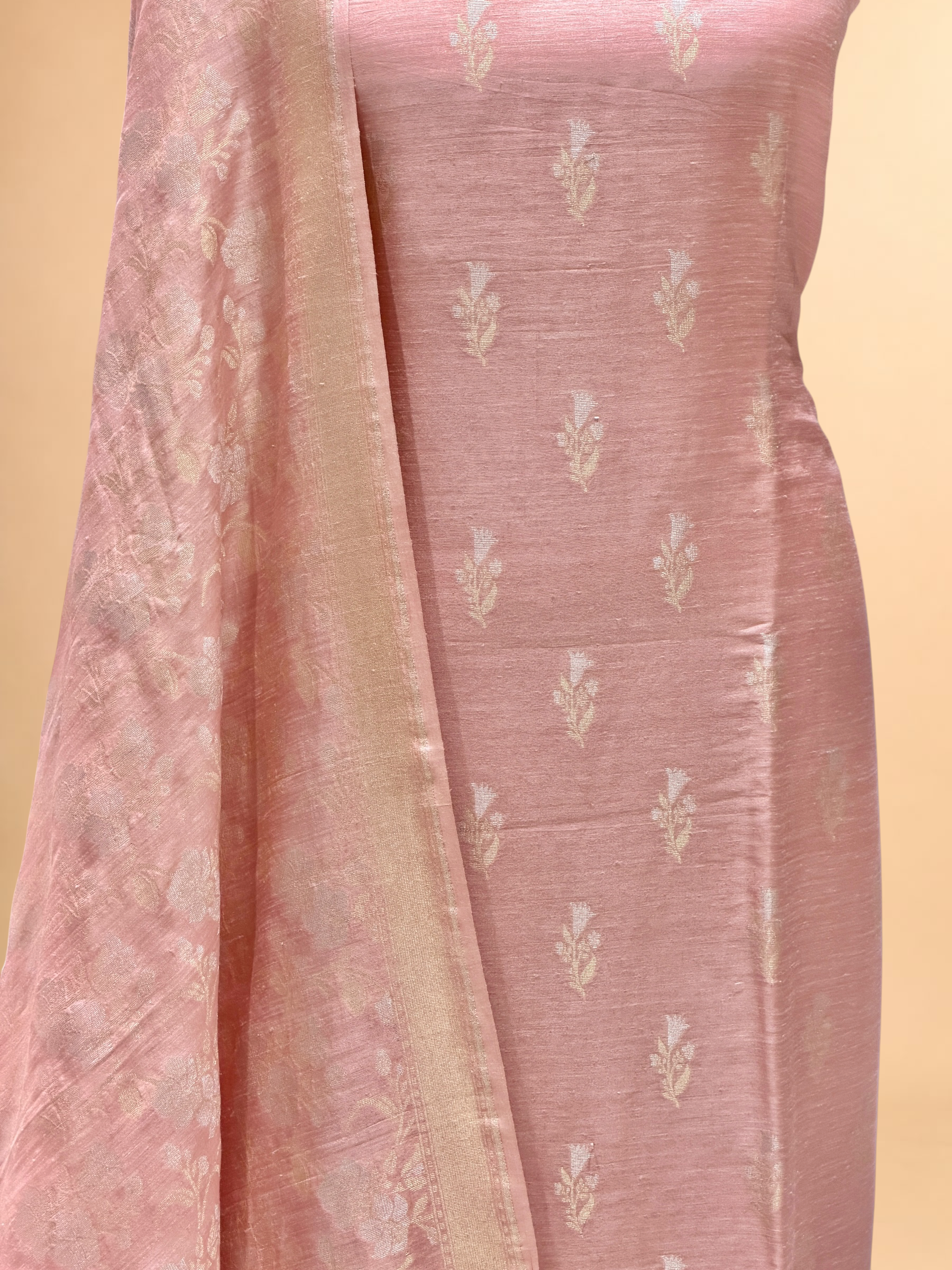 Peach Pink Munga Silk Suit Set With Sona-Rupa Dupatta