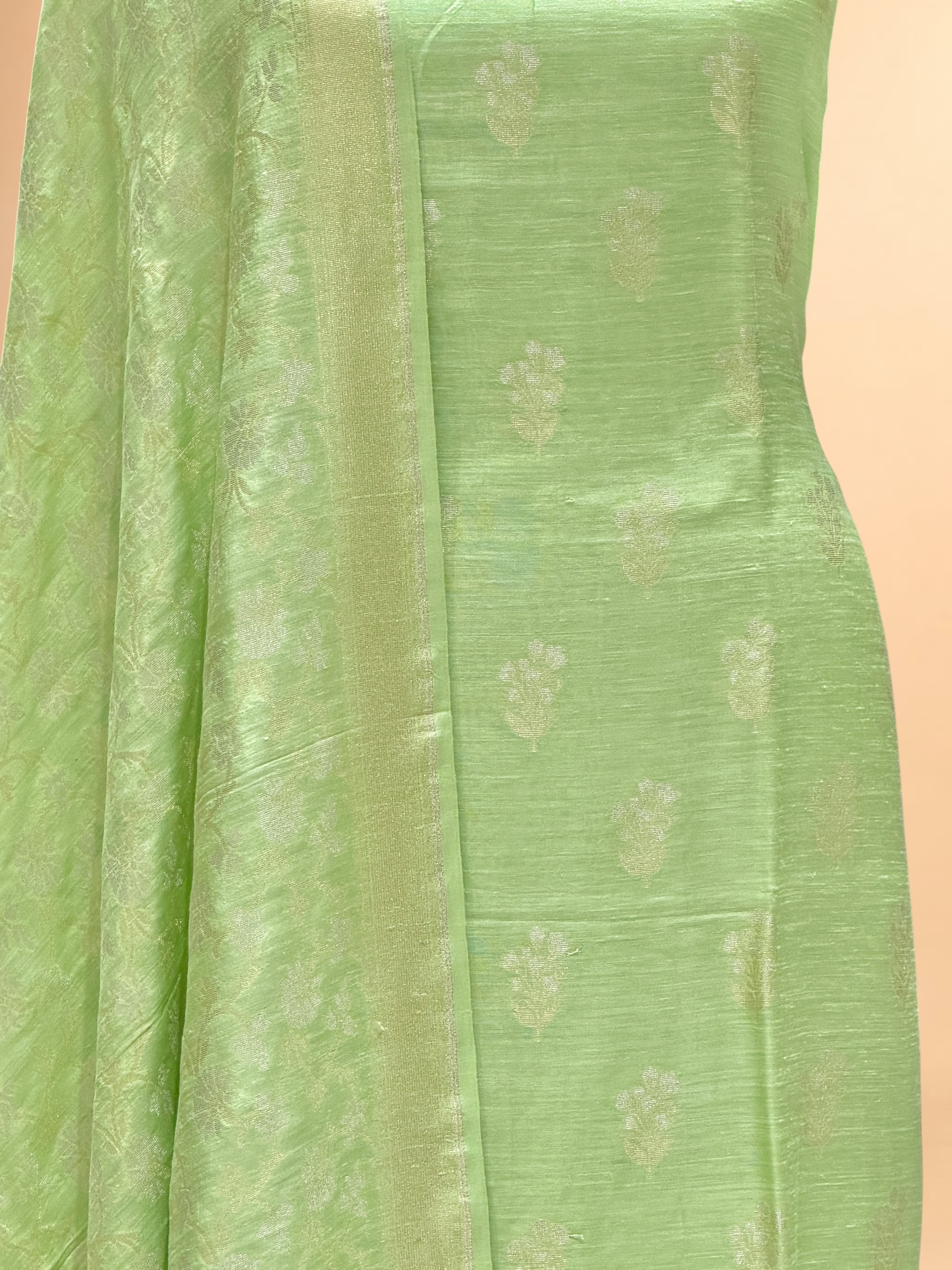 Pista Green Munga Silk Suit Set With Sona-Rupa Dupatta