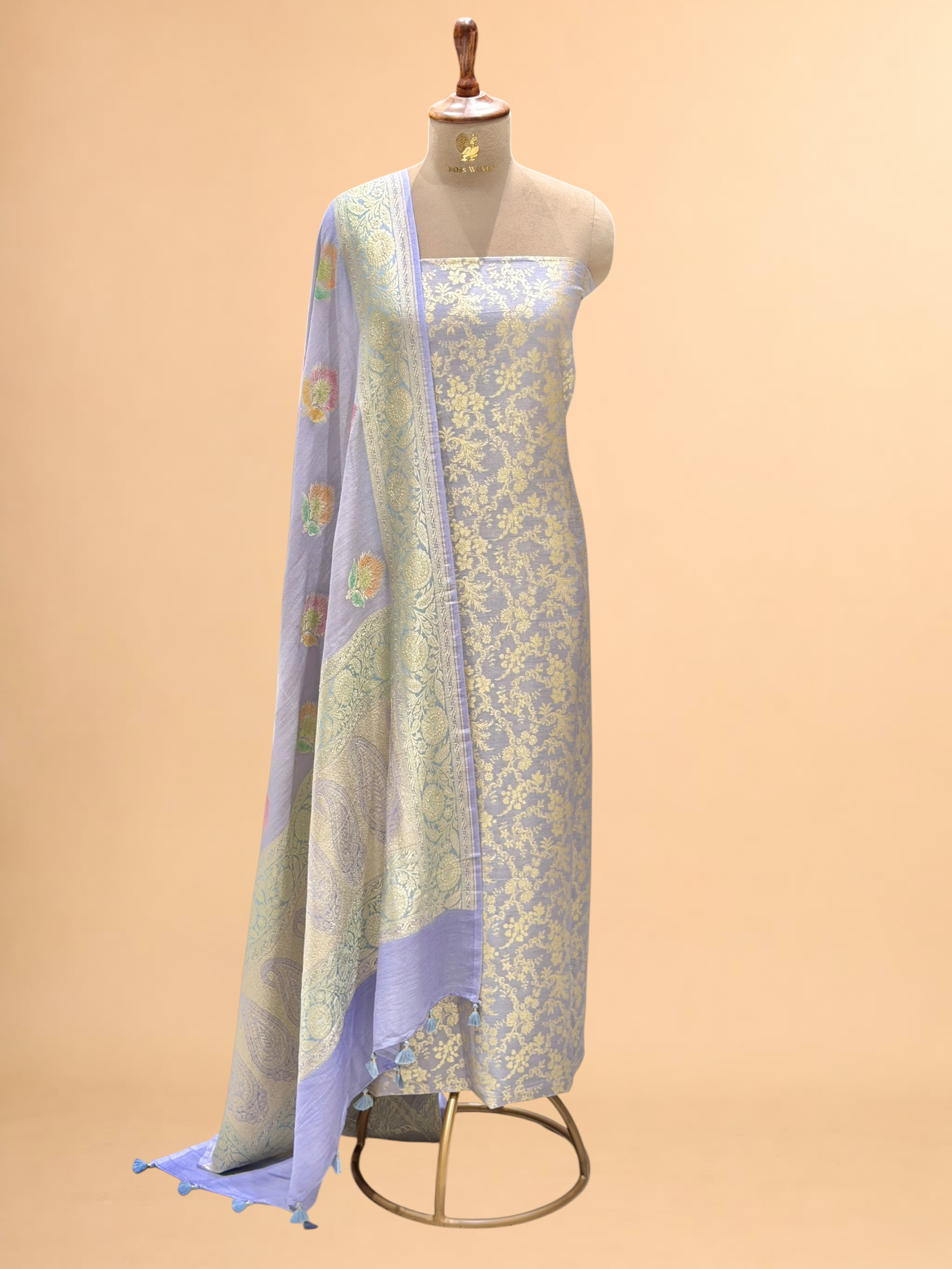 Lavender Munga Silk Suit Set With Handbrush Dupatta