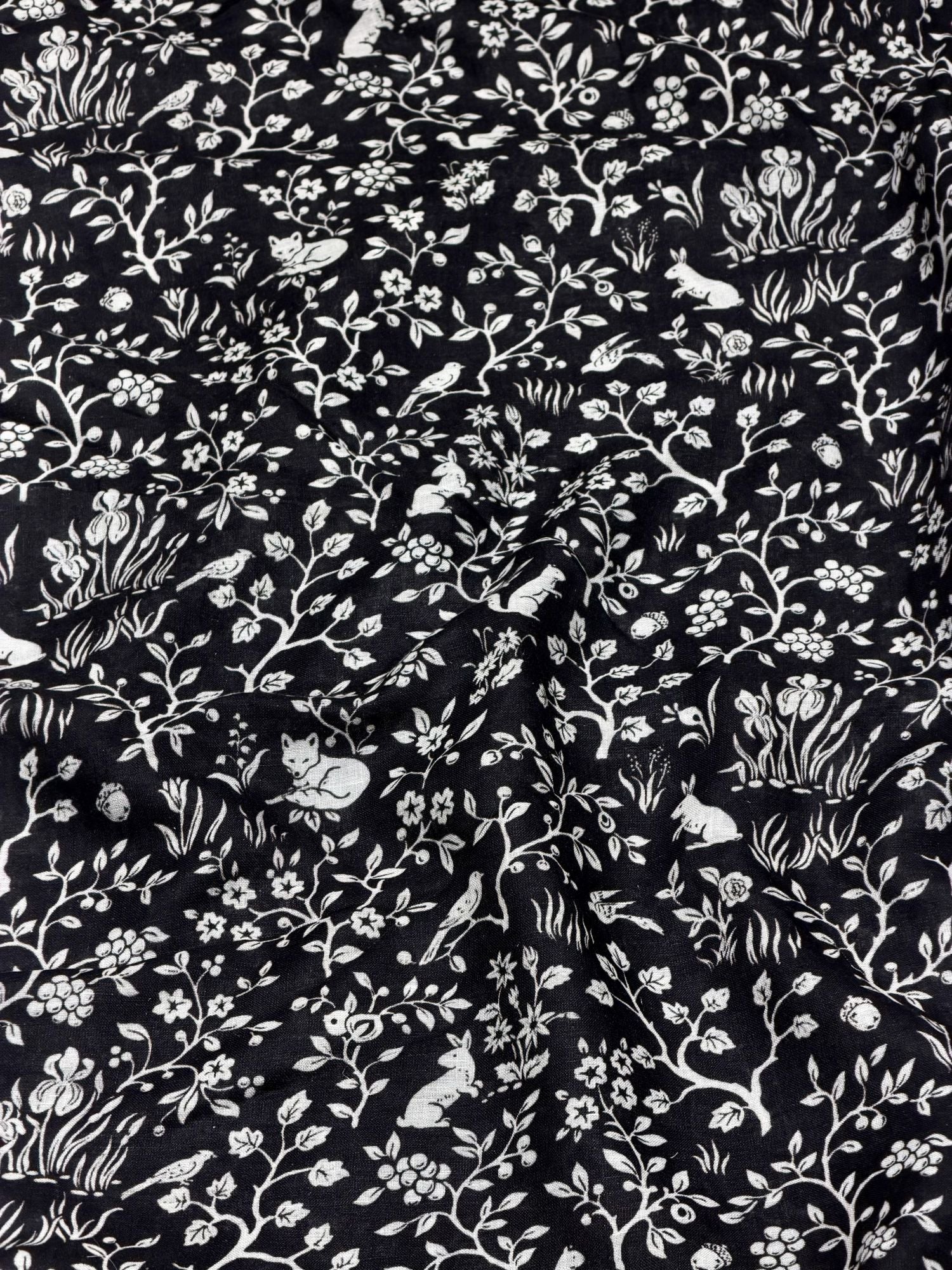 Black Linen Fabric with Floral Vines and Woodland Motifs