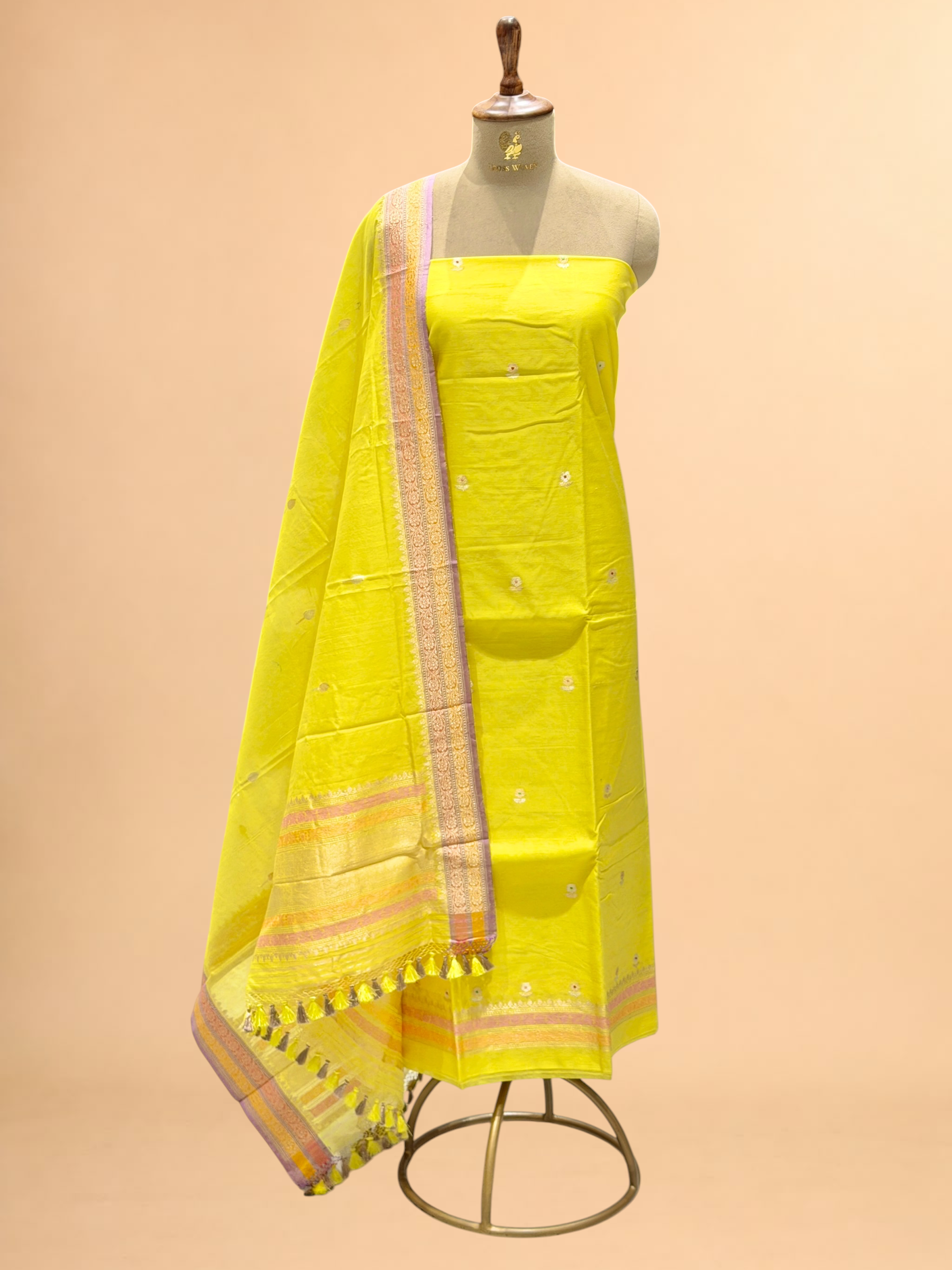 Bright Yellow Premium Cotton Banarasi Suit With Meenakari Floral Motif