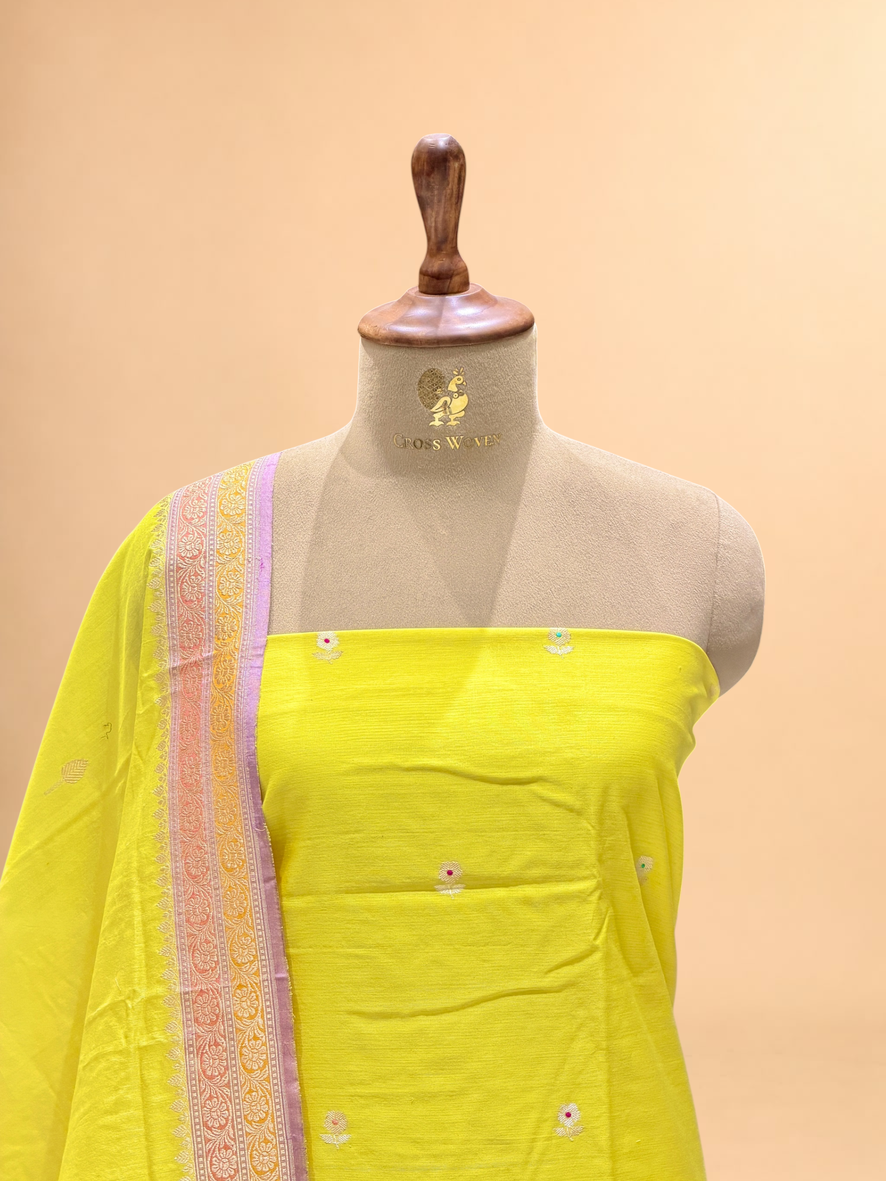 Bright Yellow Premium Cotton Banarasi Suit With Meenakari Floral Motif