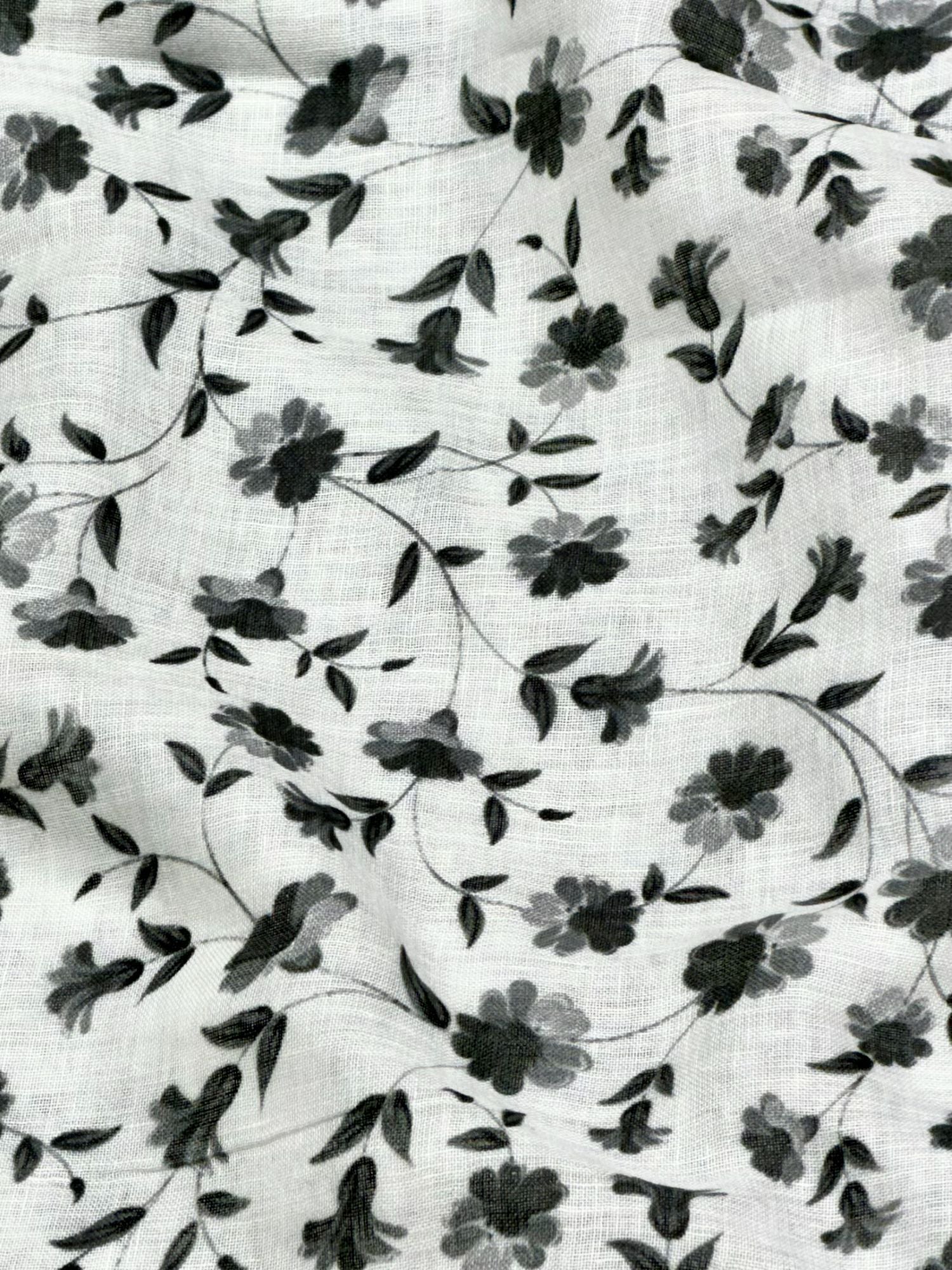White Linen Printed Fabric with Monochrome Floral Vine Motifs