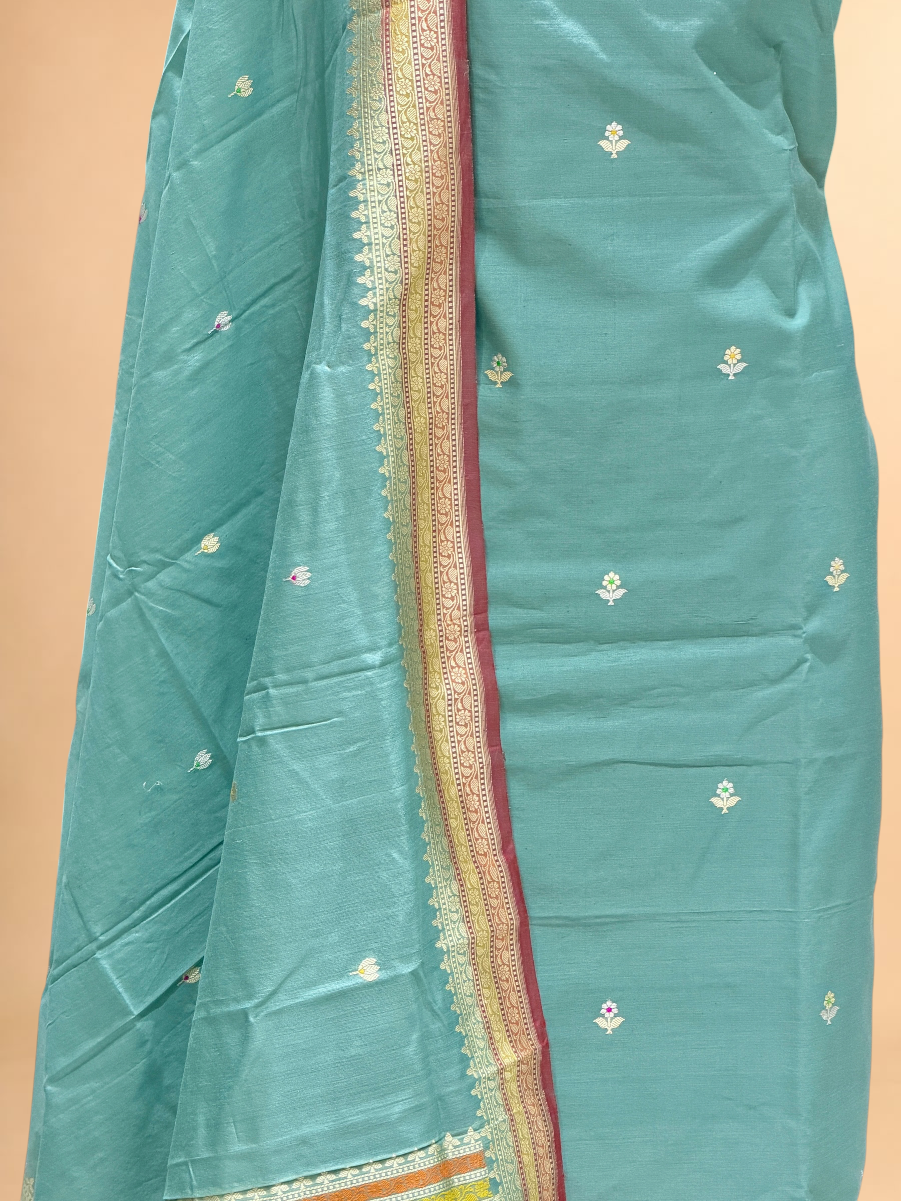 Sea Green Premium Cotton Banarasi Suit With Meenakari Floral Motif