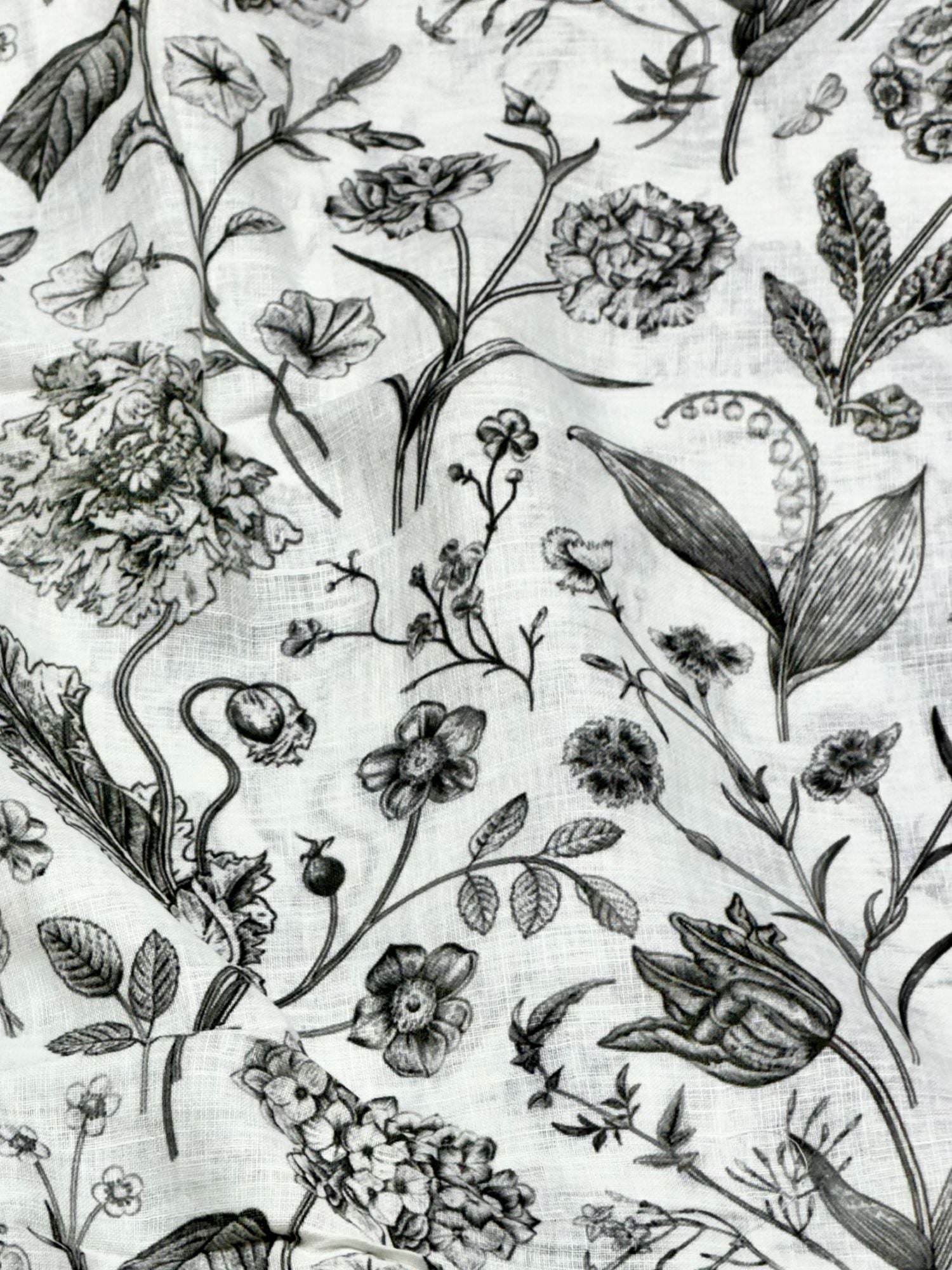 White Linen Printed Fabric with Vintage Botanical Floral Motifs
