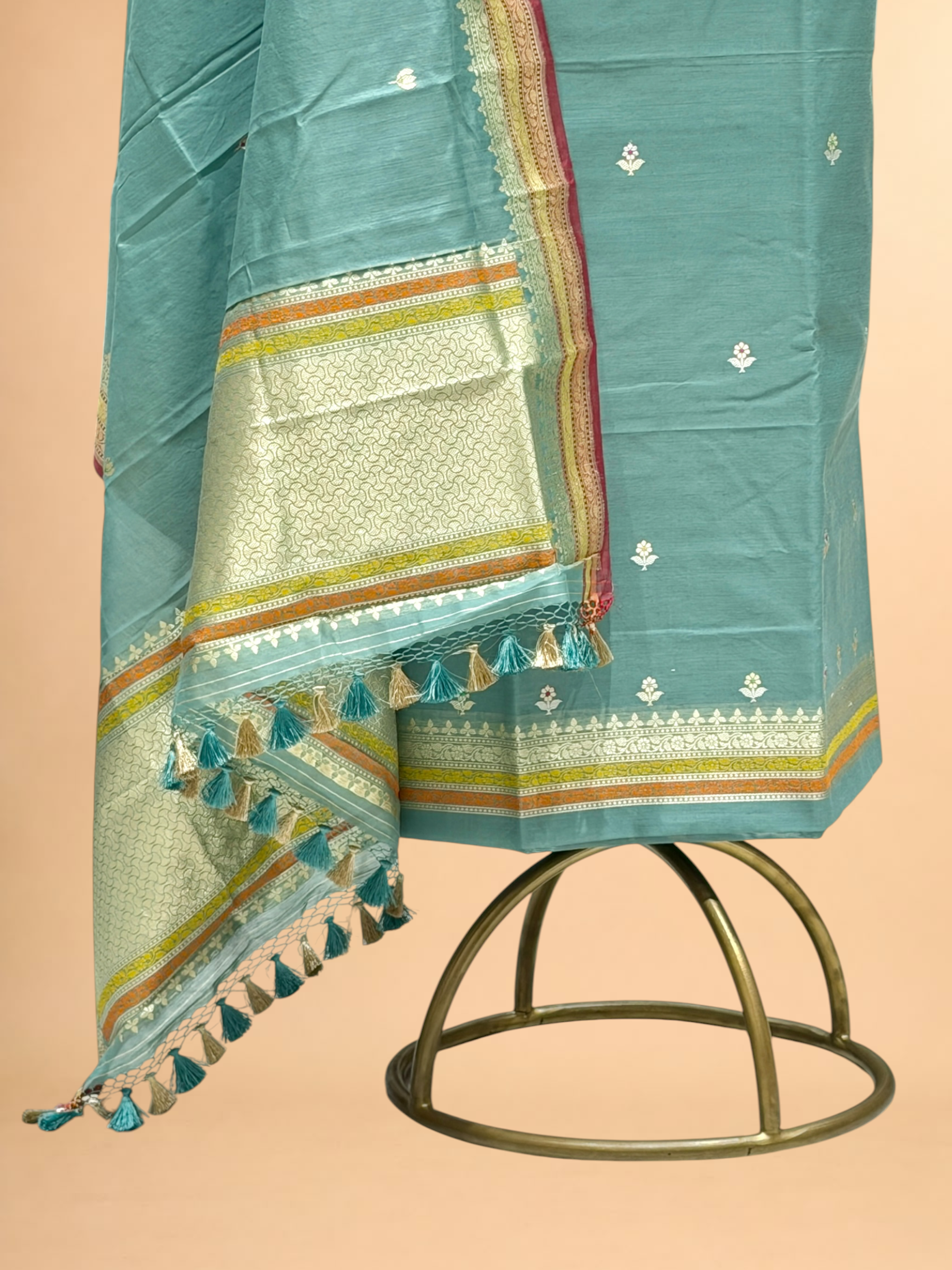 Sea Green Premium Cotton Banarasi Suit With Meenakari Floral Motif