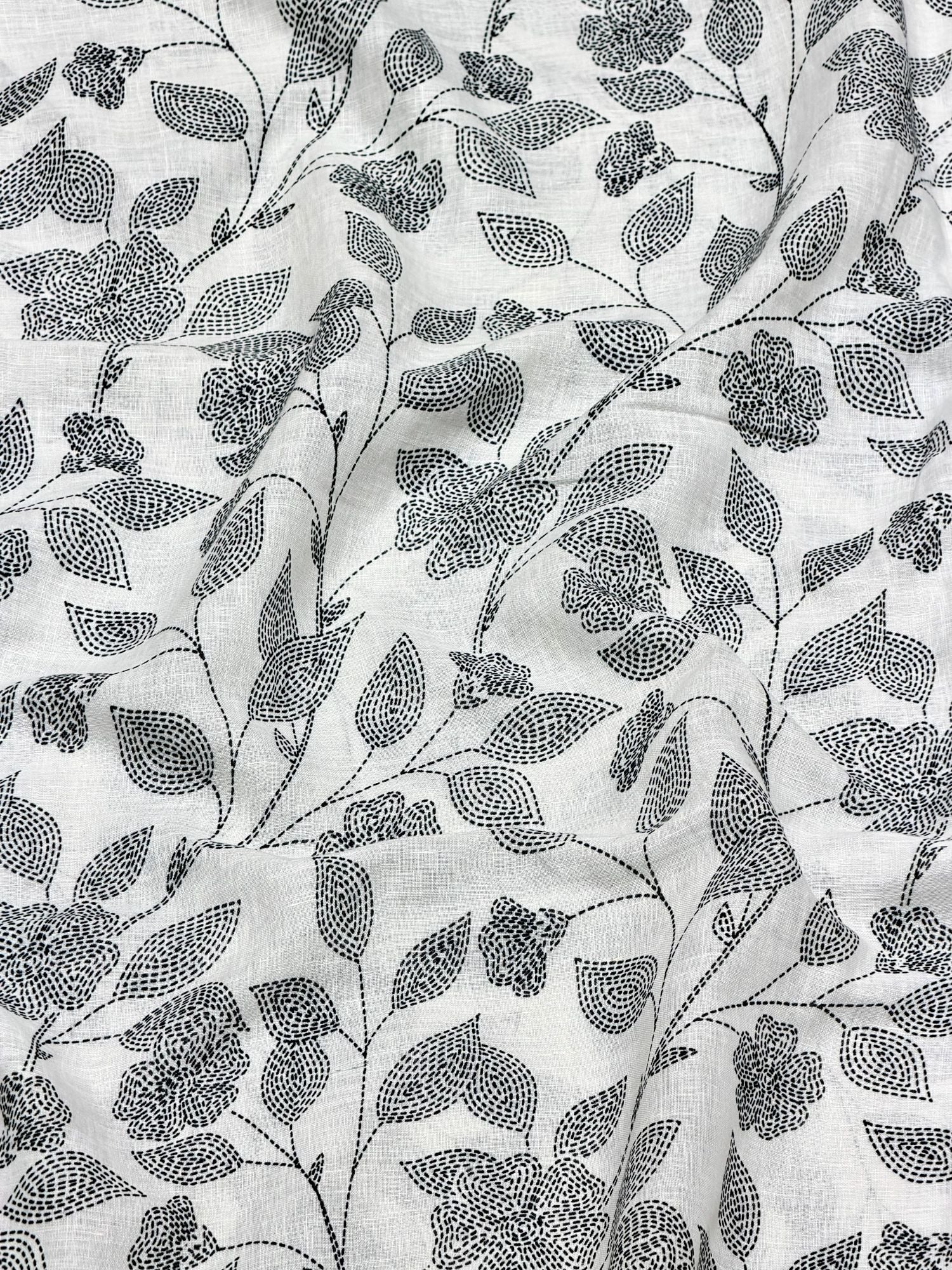 White Linen Printed Fabric with Floral Vine Motifs