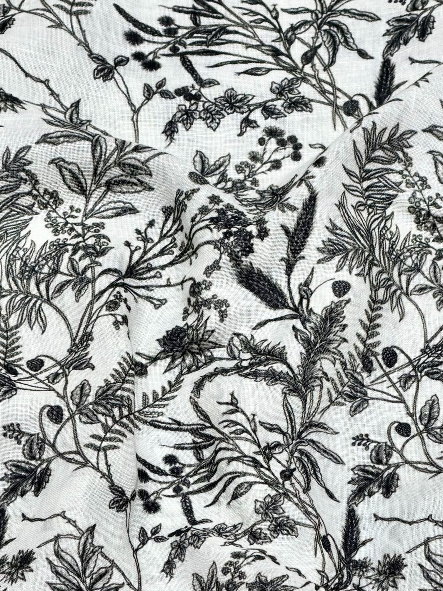 White Linen Printed Fabric with Wild Botanical Floral Motifs