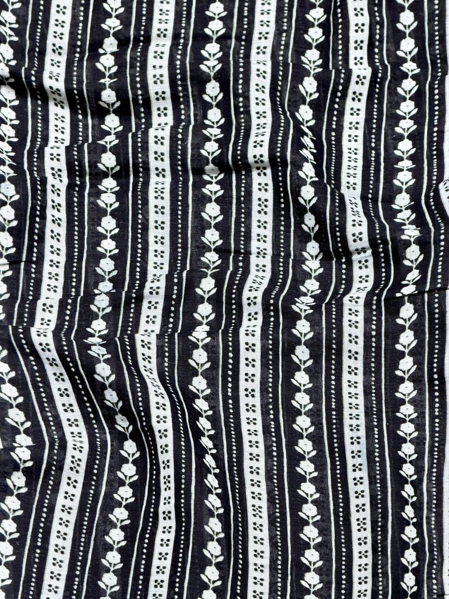 Black Linen Printed Fabric with Floral Stripe Motifs