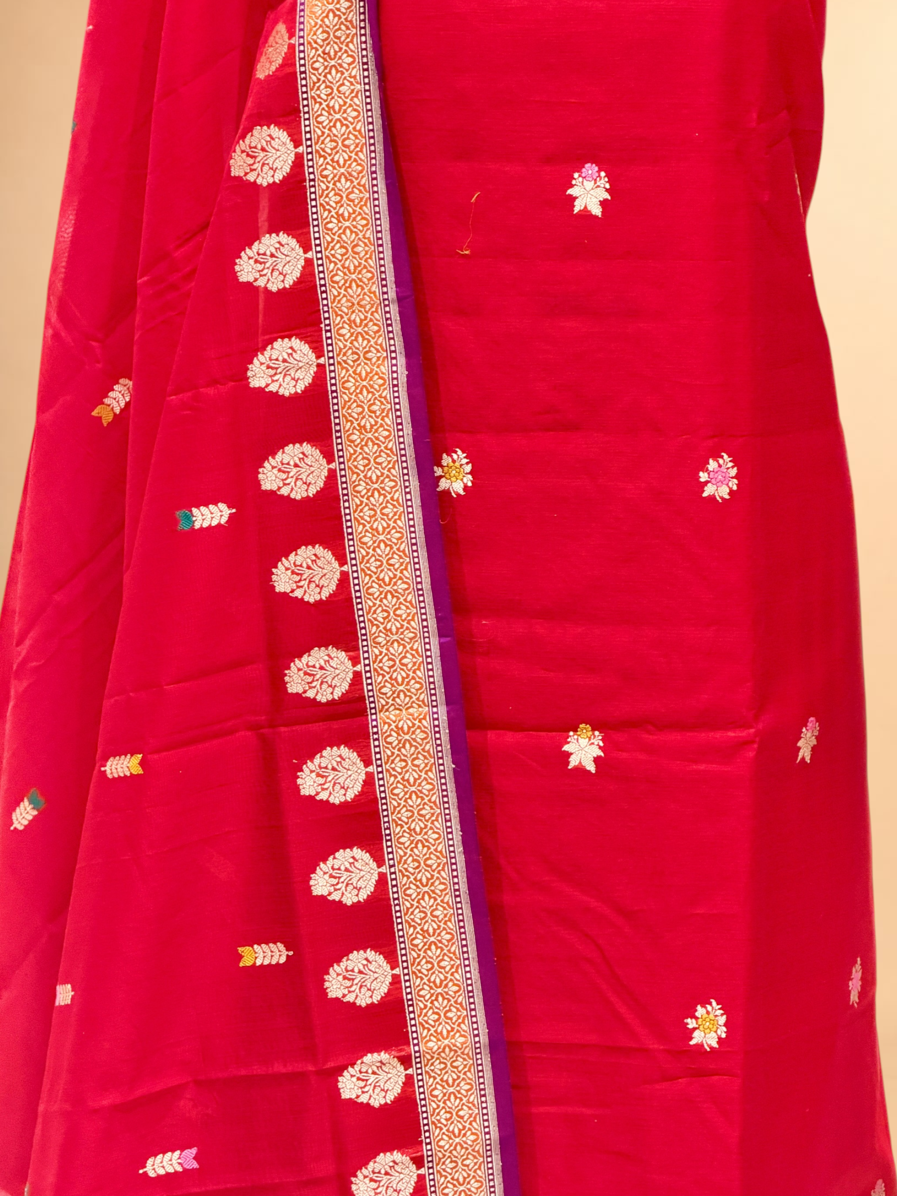 Red Premium Cotton Banarasi Suit With Meenakari Floral Motif