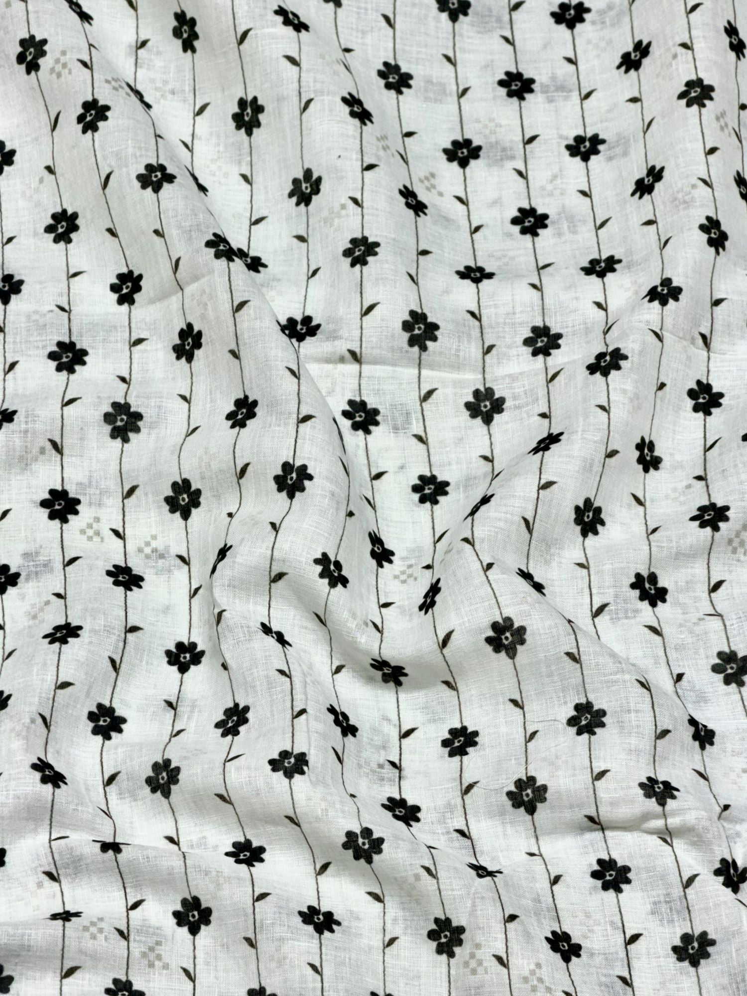 White Linen Printed Fabric with Delicate Floral Vine Stripes