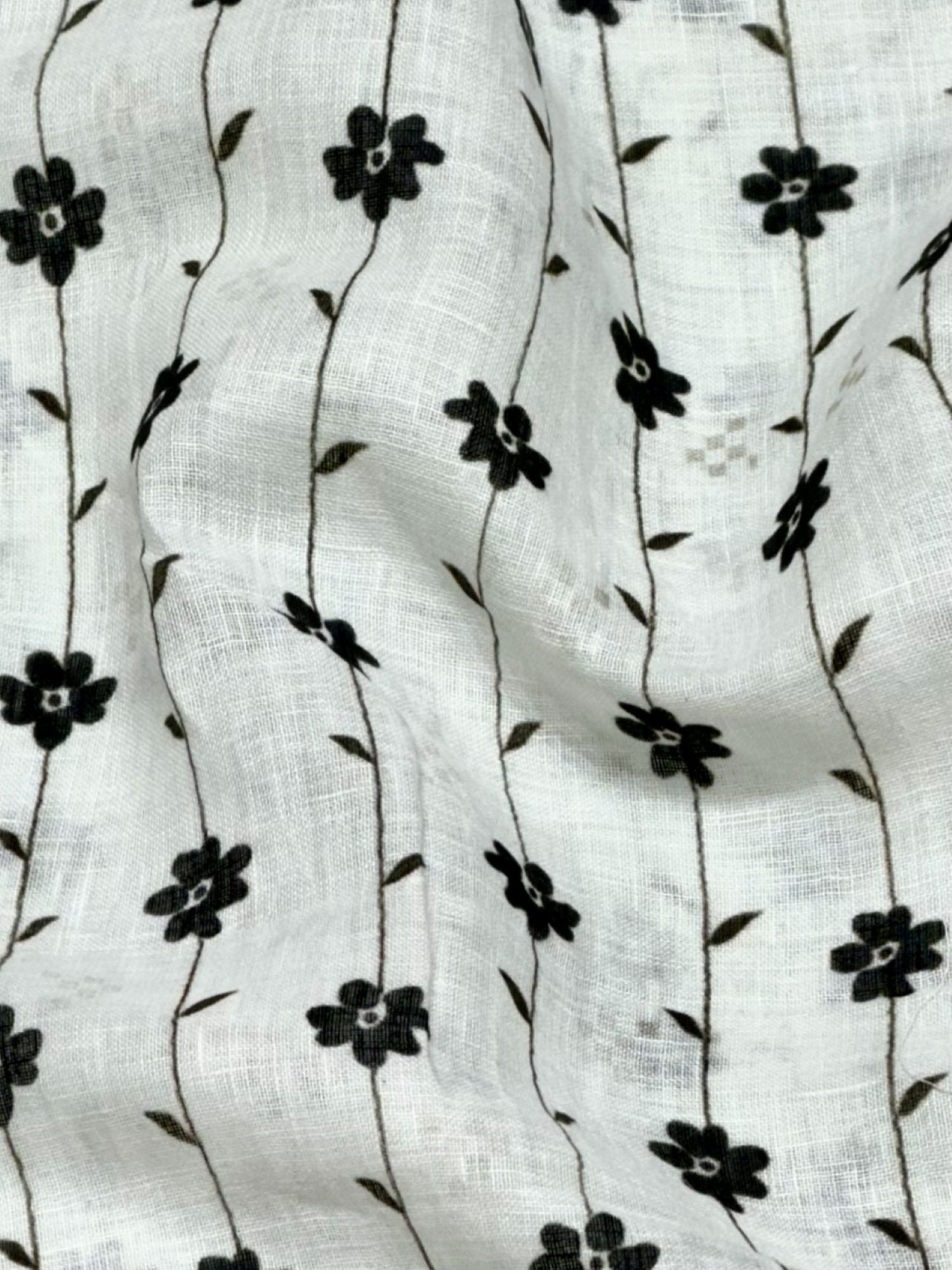 White Linen Printed Fabric with Delicate Floral Vine Stripes