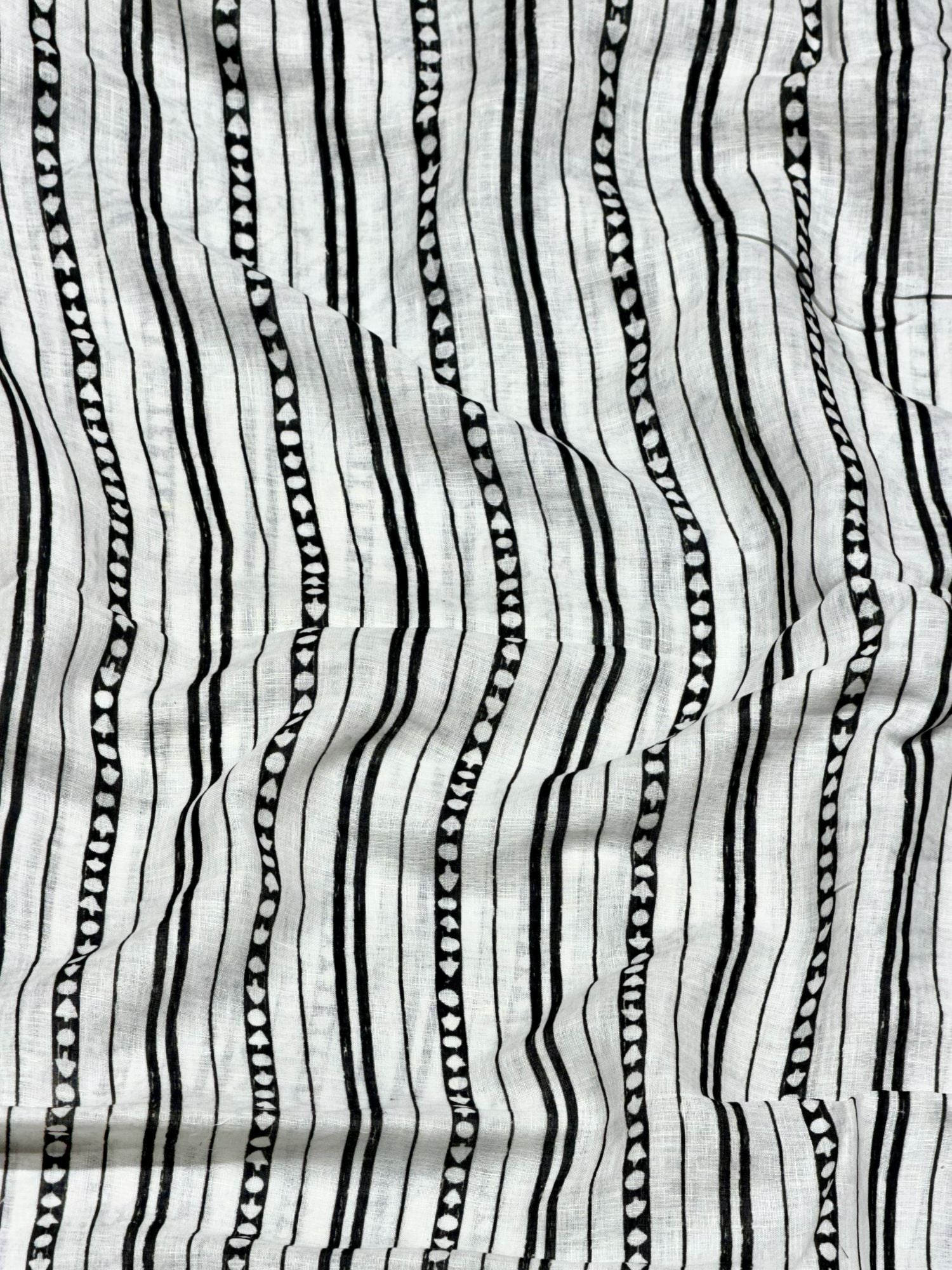 White Linen Fabric with Black Geometric Striped Design