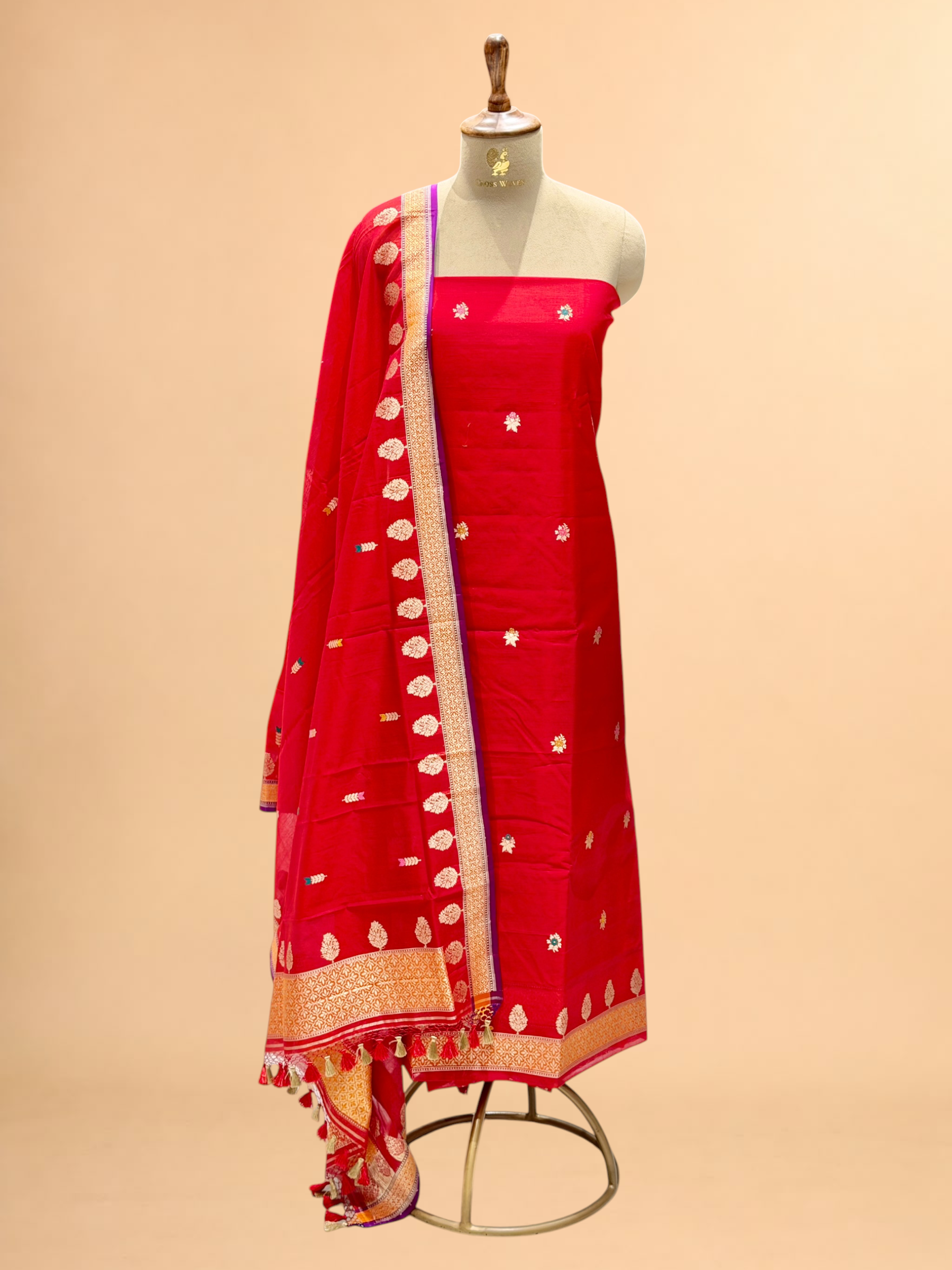 Red Premium Cotton Banarasi Suit With Meenakari Floral Motif