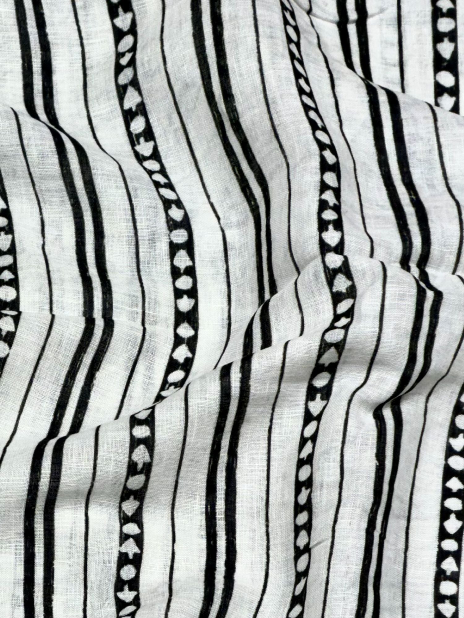 White Linen Fabric with Black Geometric Striped Design