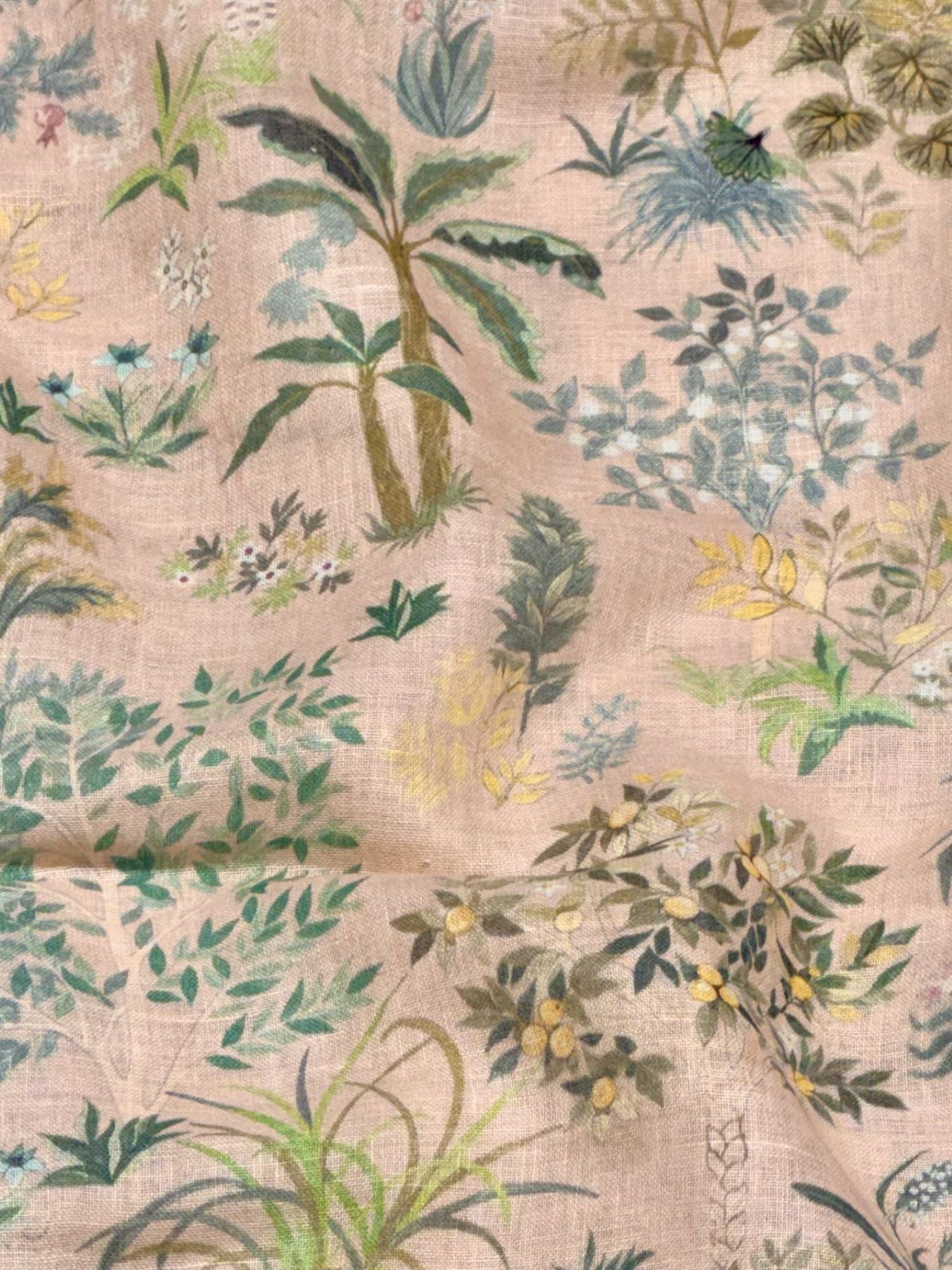 Peach Pink Linen Printed Fabric with Botanical Motifs