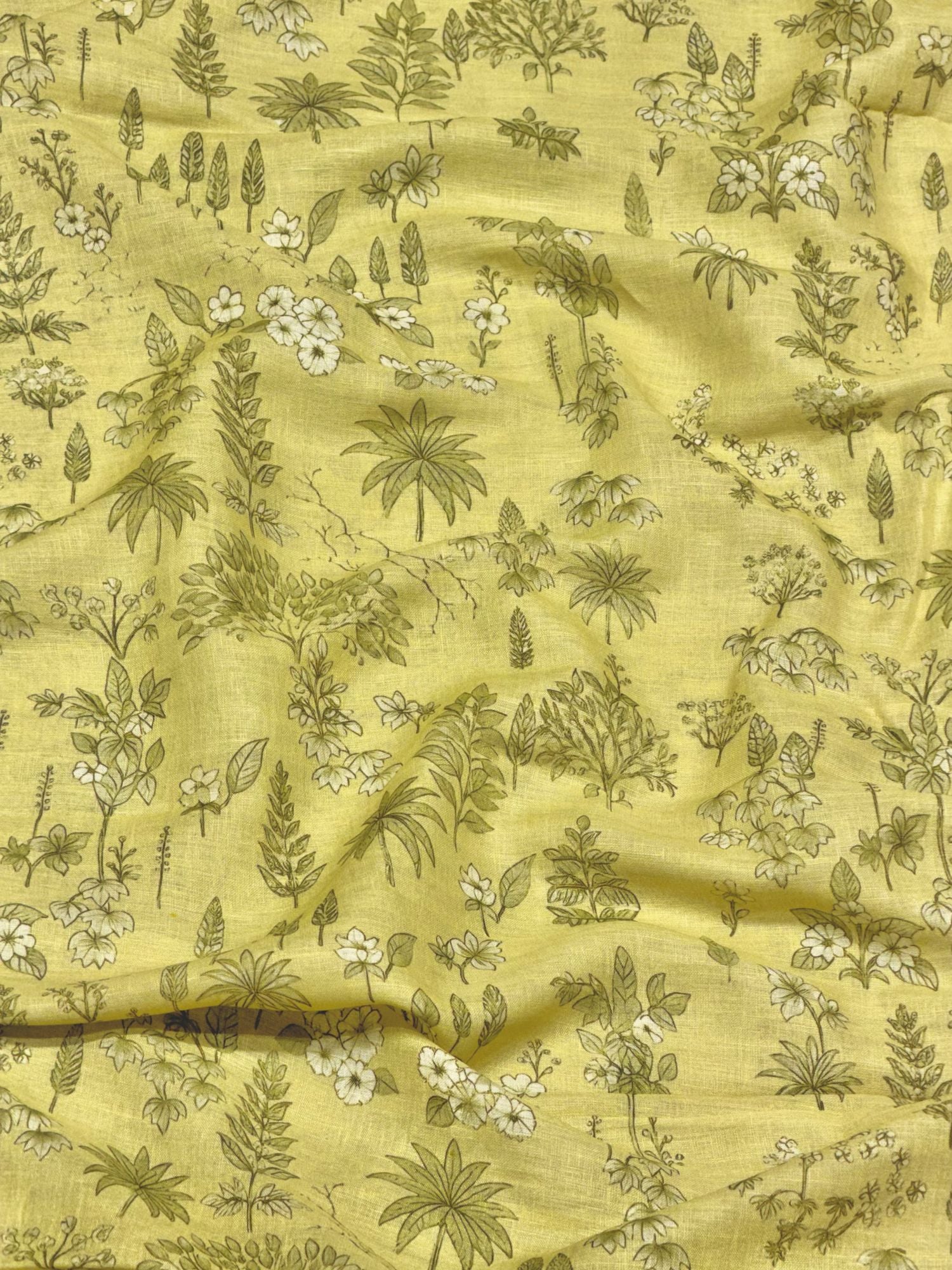 Pastel Yellow Linen Printed Fabric with Botanical Motifs