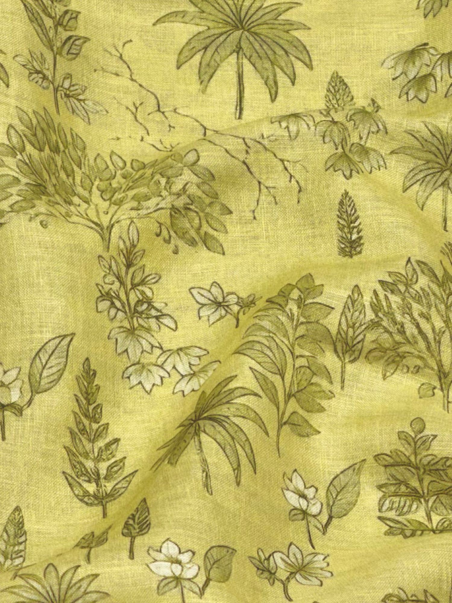 Pastel Yellow Linen Printed Fabric with Botanical Motifs