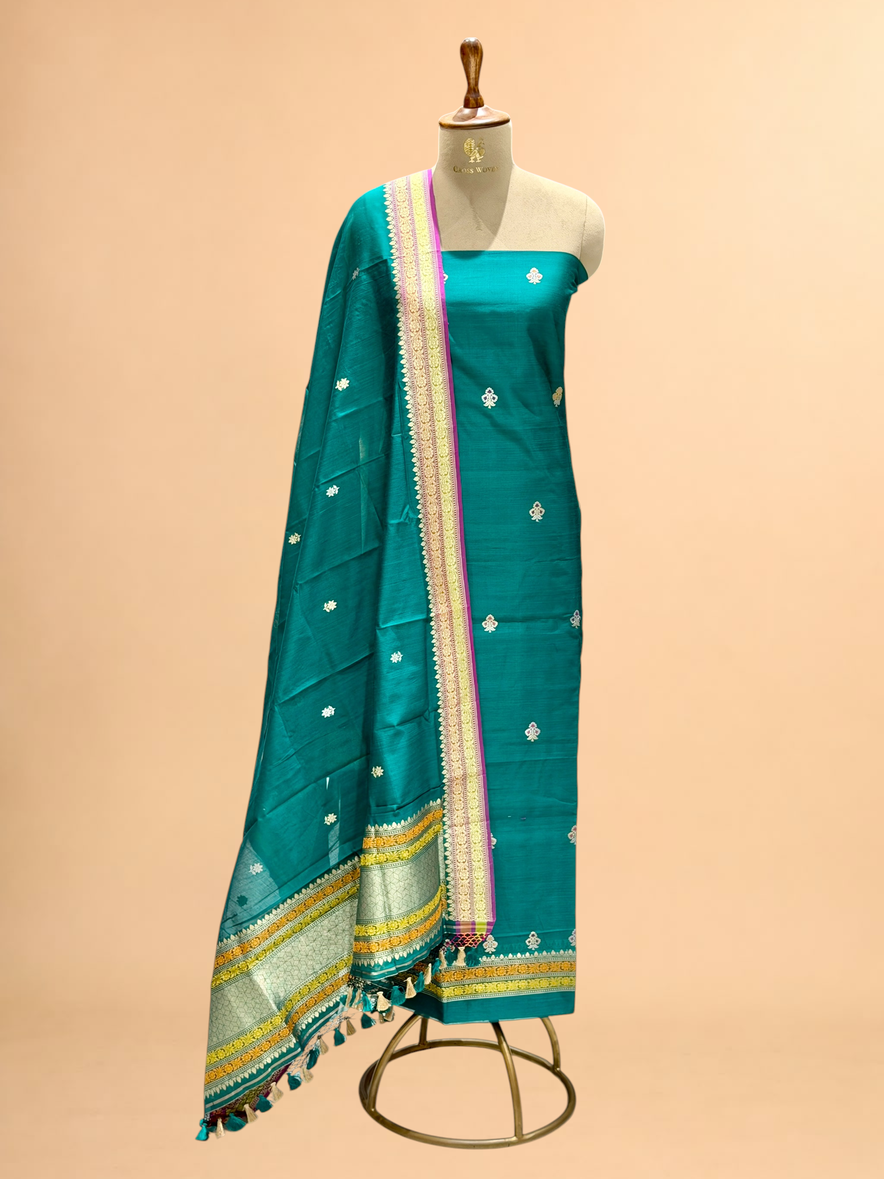 Teal Blue Premium Cotton Banarasi Suit With Meenakari Floral Motif
