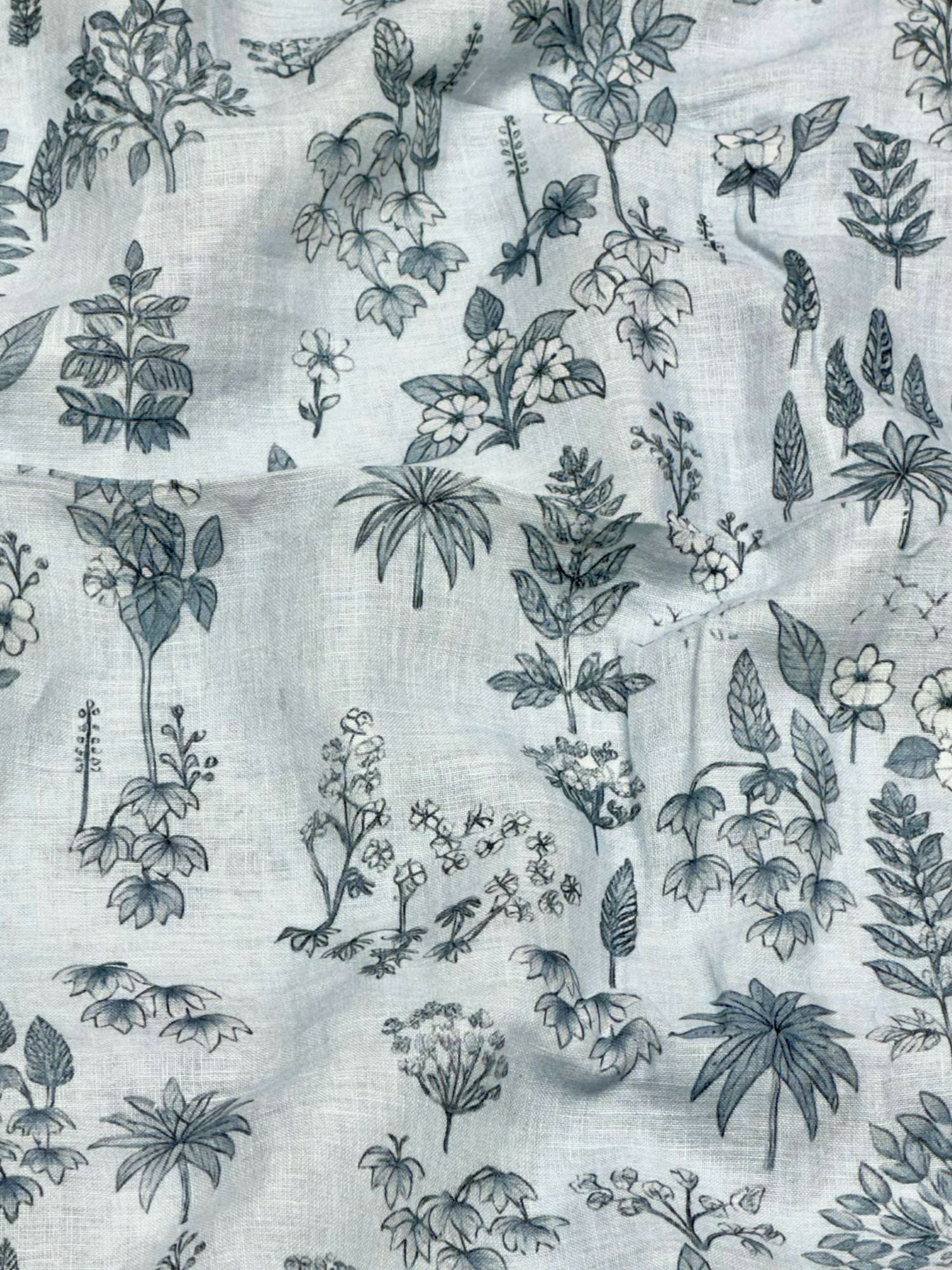 Off-White Linen Printed Fabric with Botanical Garden Motifs