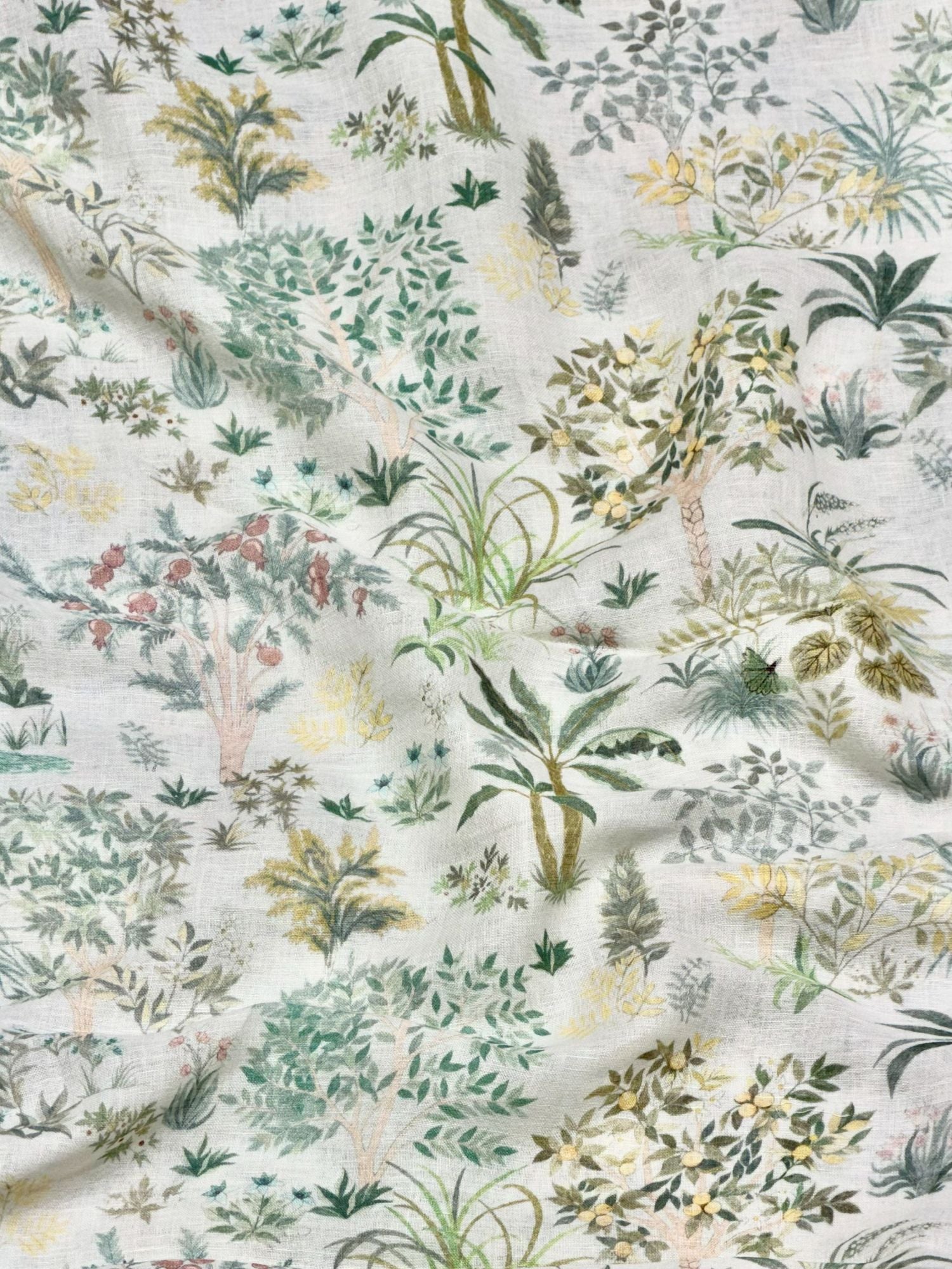 White Linen Printed Fabric with Tropical Botanical Garden Motifs