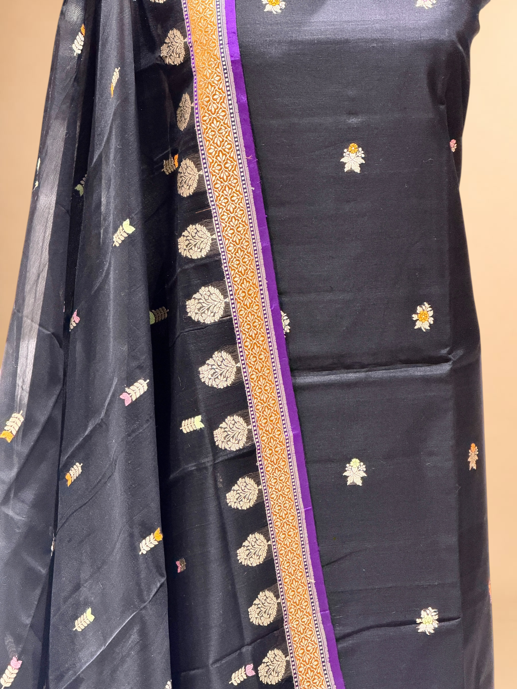 Black Premium Cotton Banarasi Suit With Meenakari Floral Motif