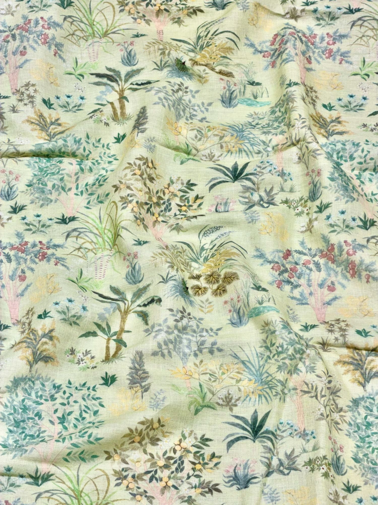 Pastel Green Linen Printed Fabric with Botanical Motifs