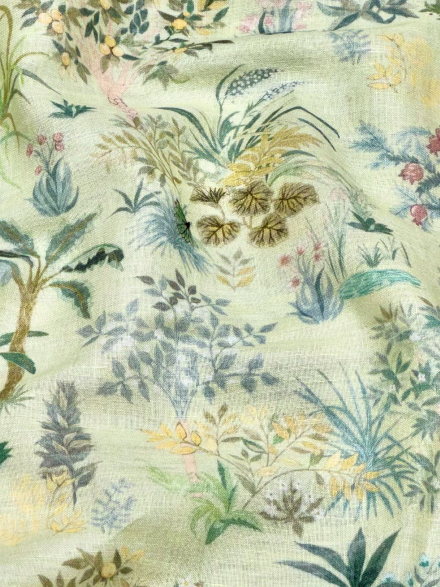 Pastel Green Linen Printed Fabric with Botanical Motifs