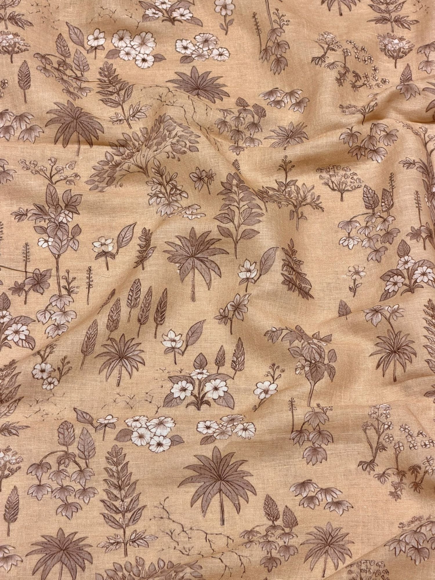 Beige Linen Printed Fabric with Botanical Motifs