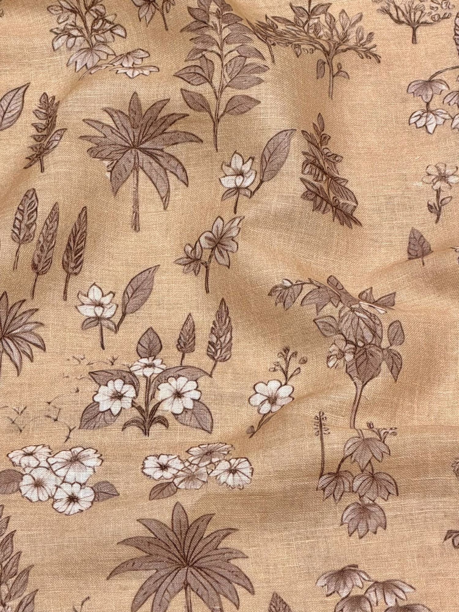 Beige Linen Printed Fabric with Botanical Motifs