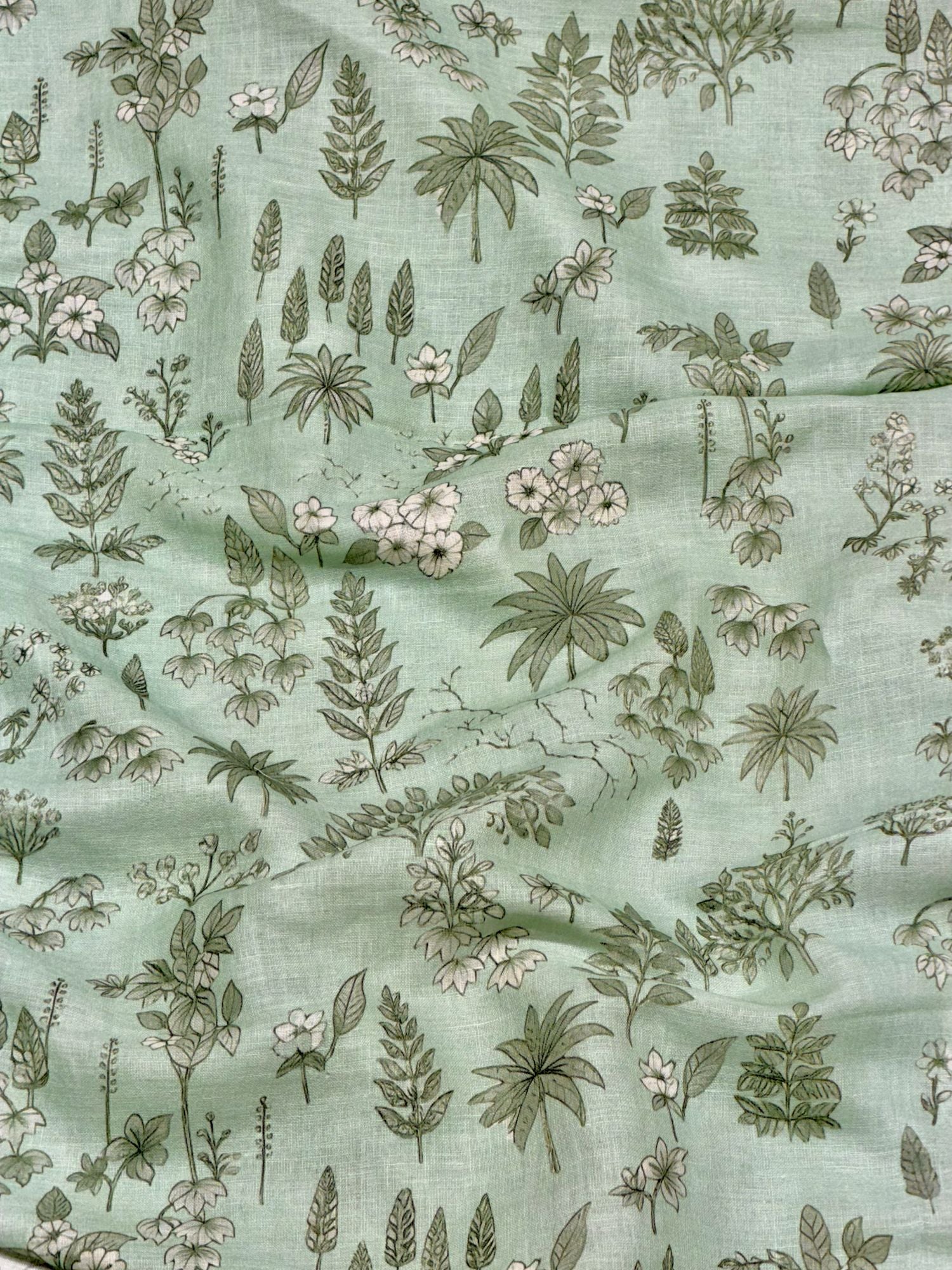 Mint Green Linen Printed Fabric with Botanical Motifs