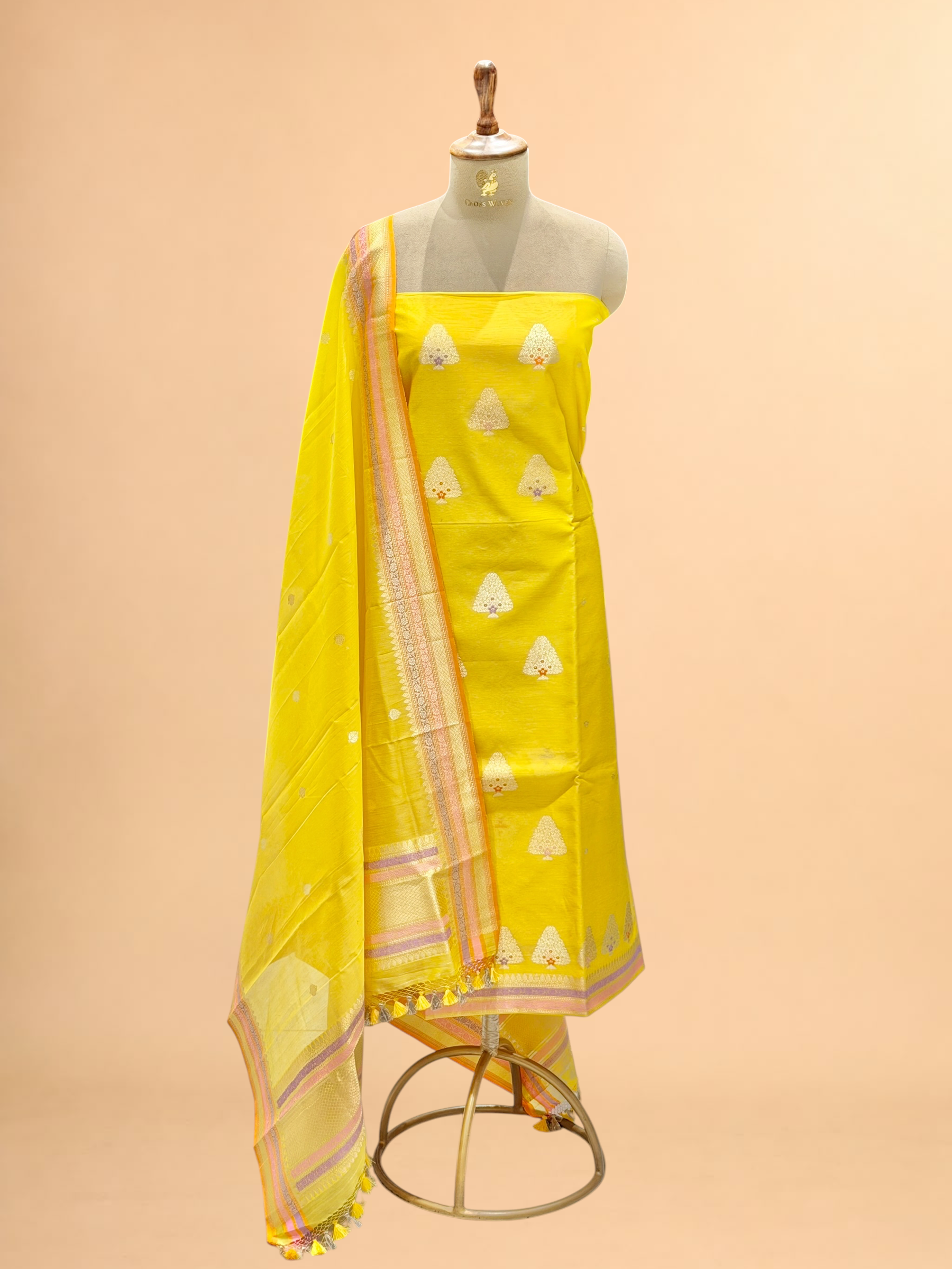 Bright Yellow Premium Cotton Banarasi Suit With Meenakari Floral Motif