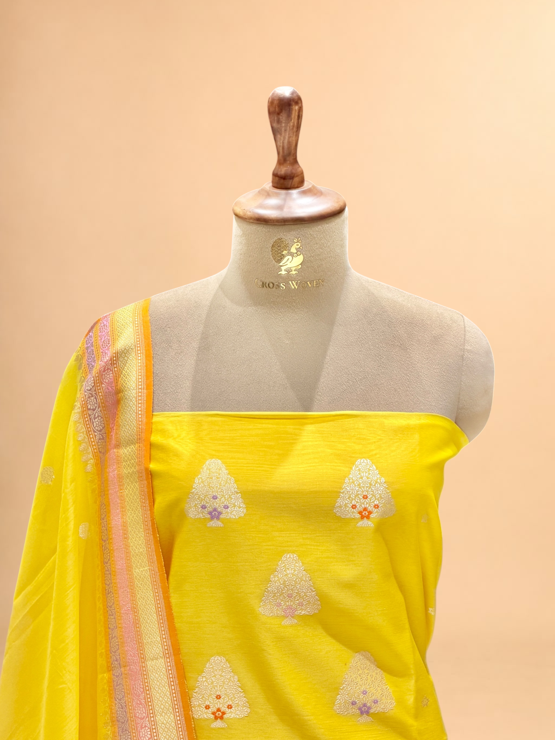 Bright Yellow Premium Cotton Banarasi Suit With Meenakari Floral Motif